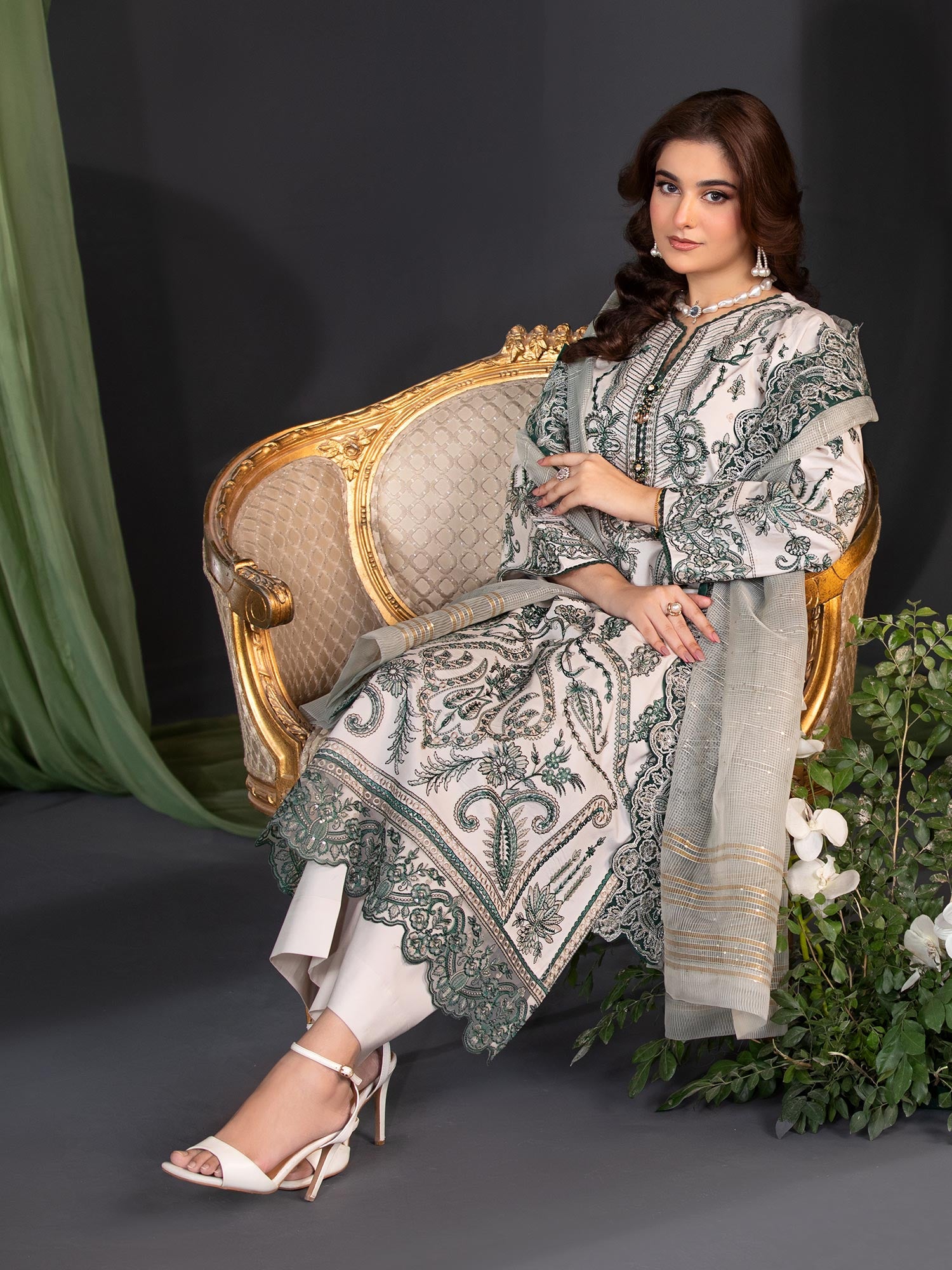 Heera's Green & Off-White Embroidered Cambric Cotton 3-Piece Suit