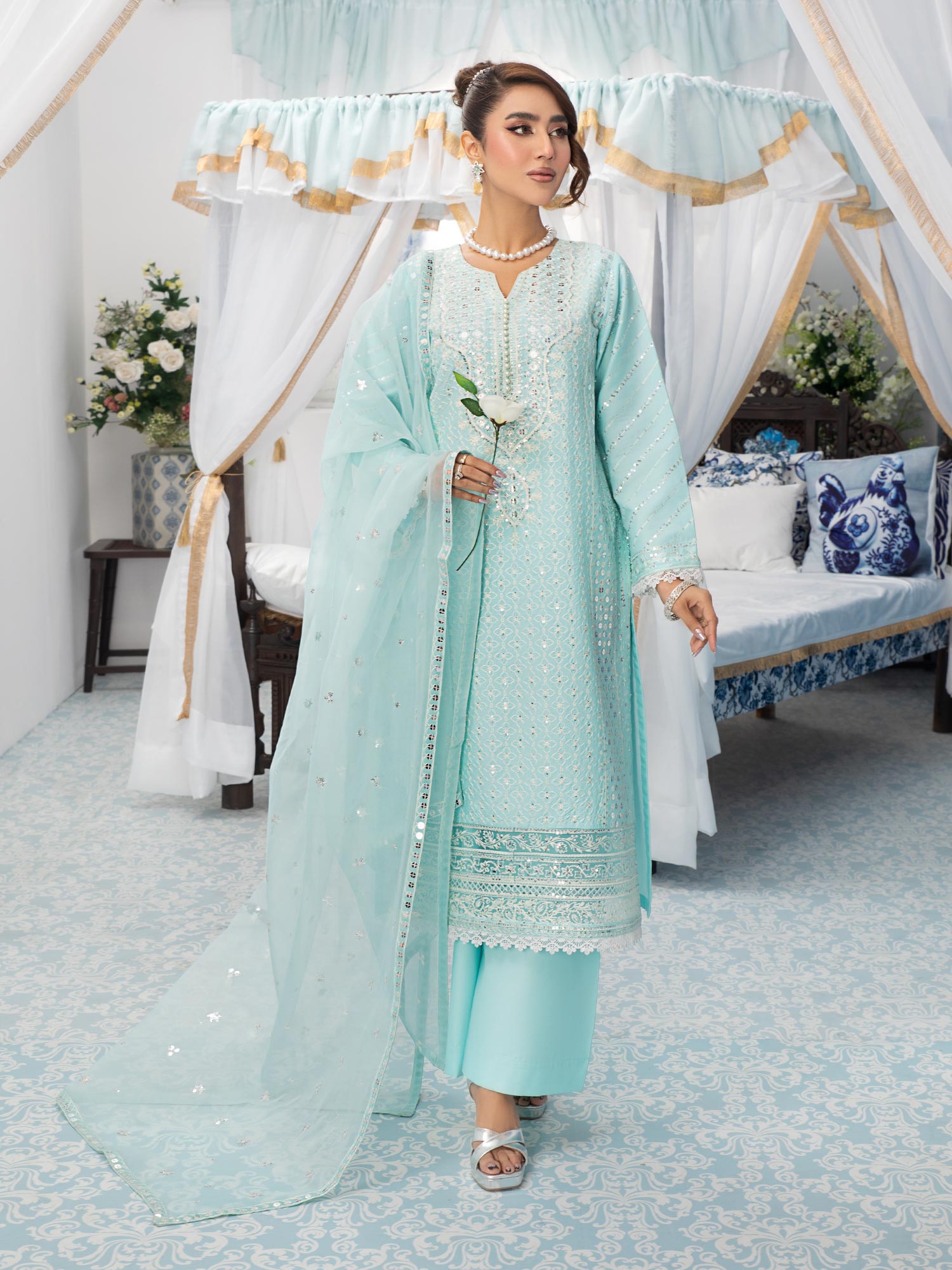 Heera's Aqua Blue Embroidered Cambric Cotton 3-Piece Suit