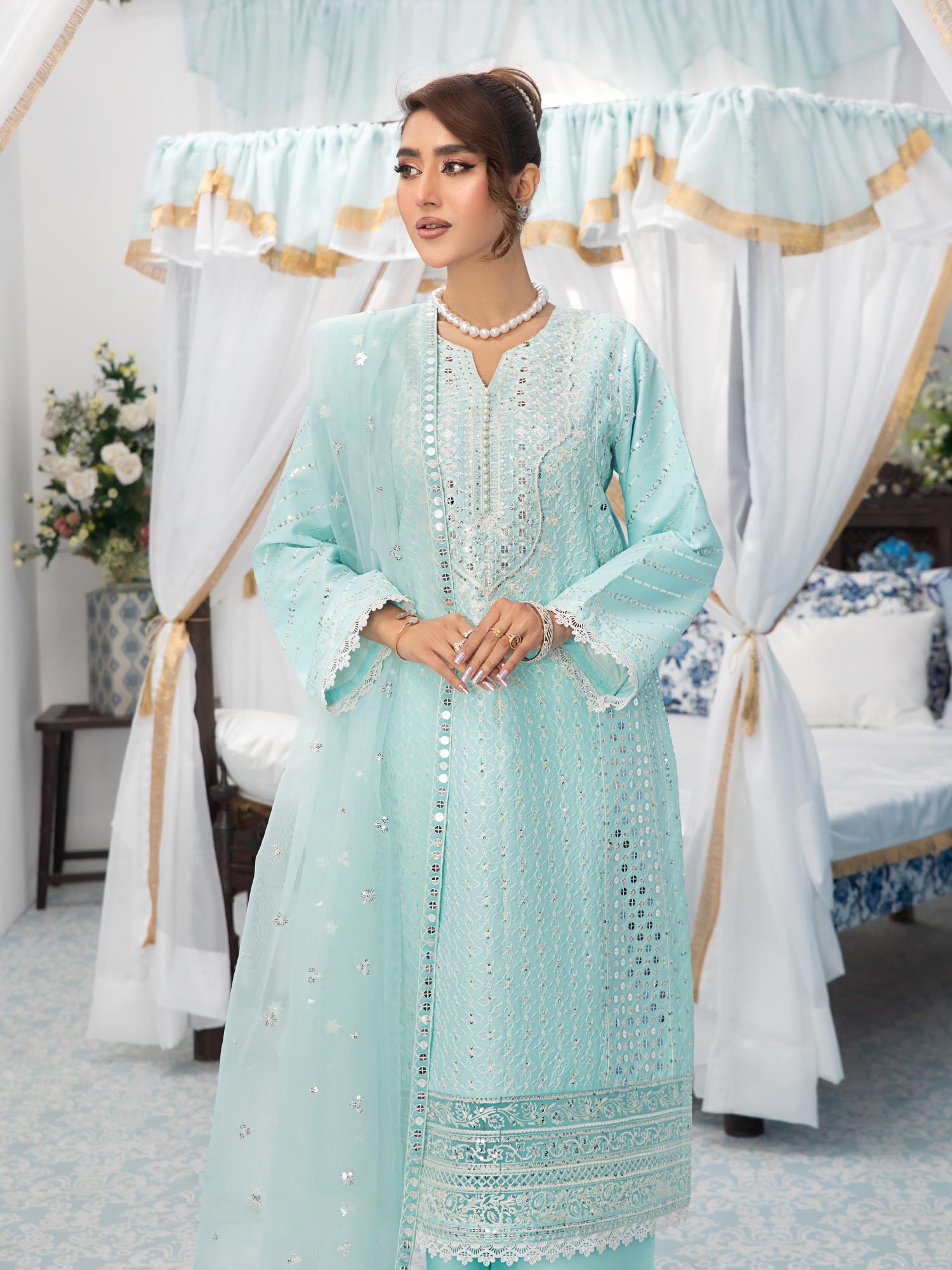Heera's Aqua Blue Embroidered Cambric Cotton 3-Piece Suit