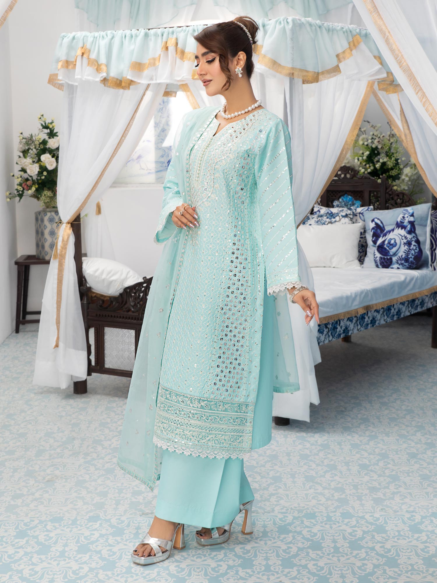 Heera's Aqua Blue Embroidered Cambric Cotton 3-Piece Suit