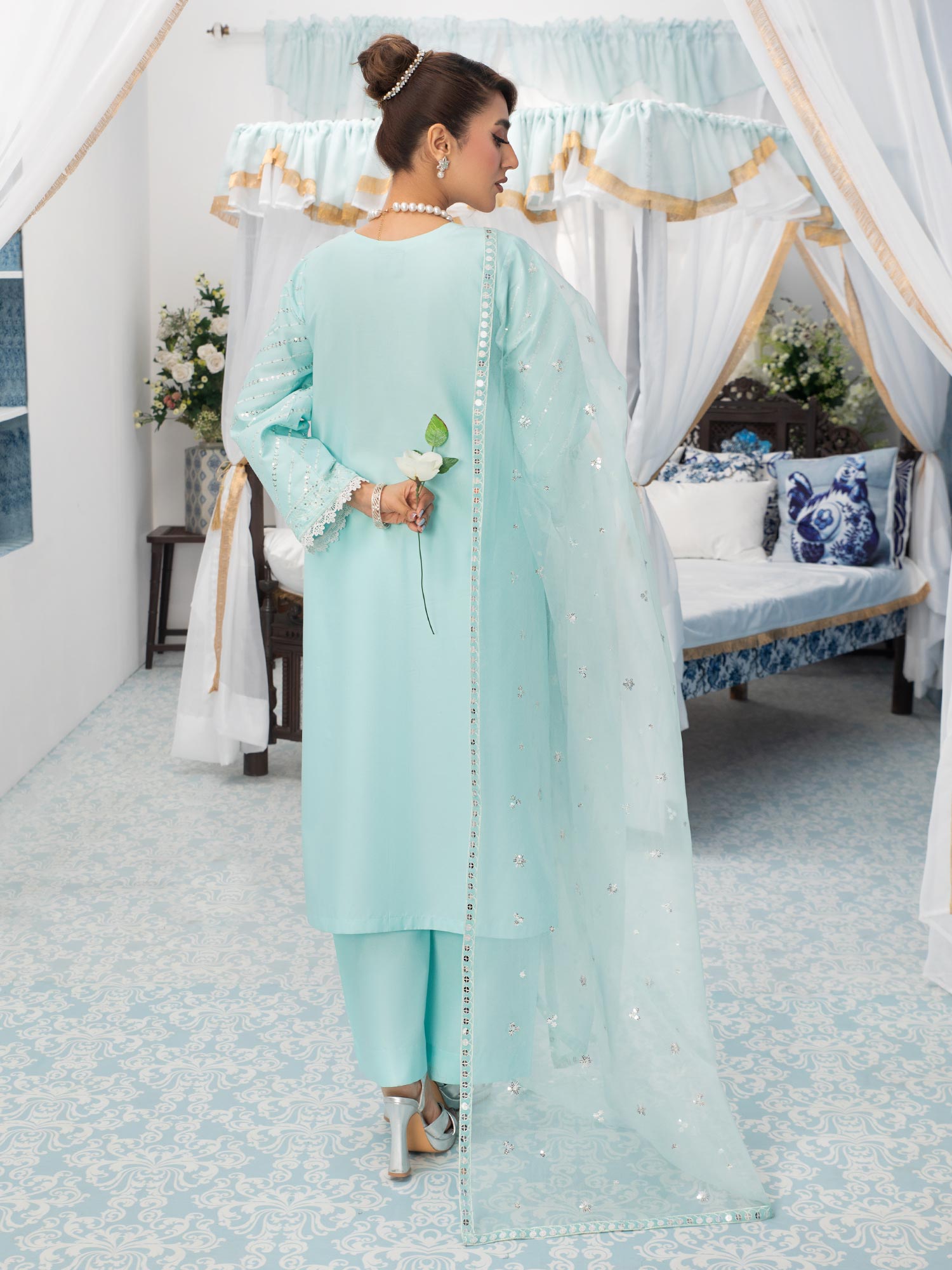 Heera's Aqua Blue Embroidered Cambric Cotton 3-Piece Suit