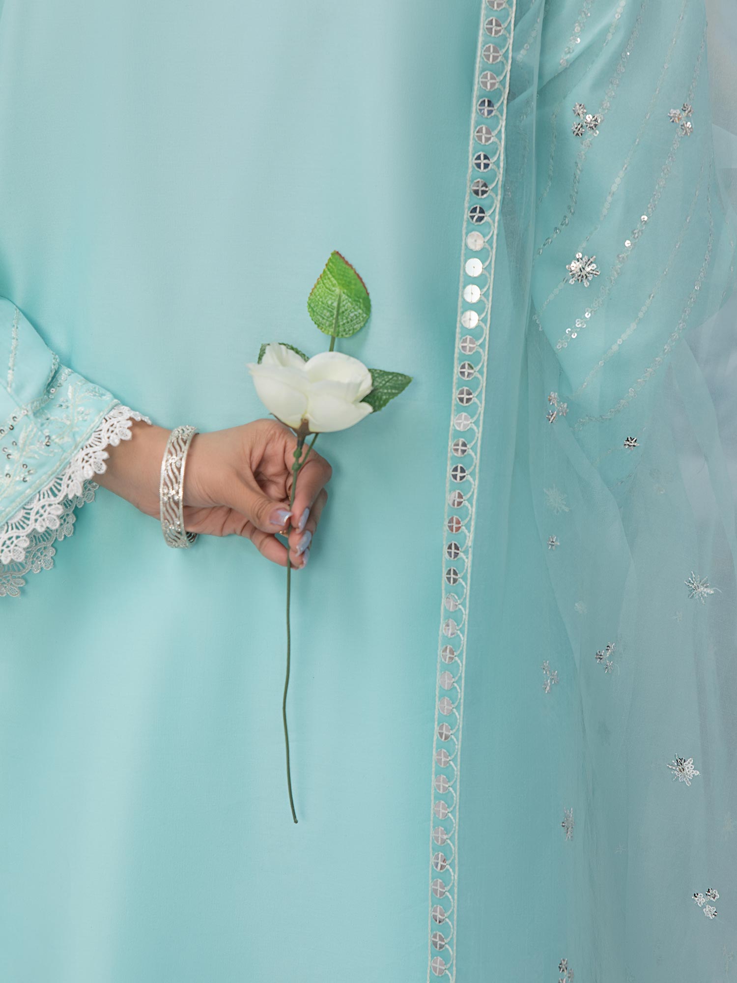 Heera's Aqua Blue Embroidered Cambric Cotton 3-Piece Suit