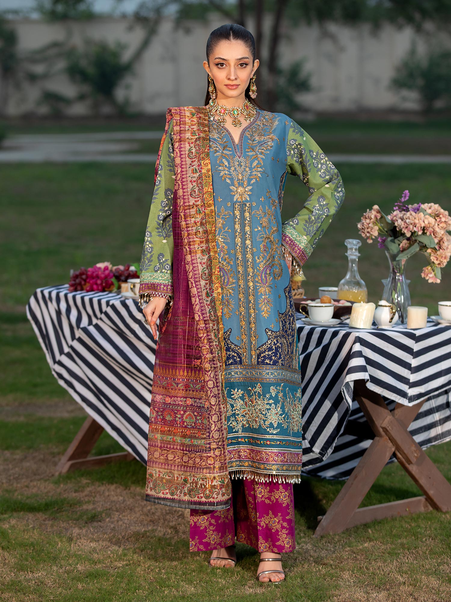 Heera's Multi-Coloured Embroidered Cambric Cotton 3-Piece Suit