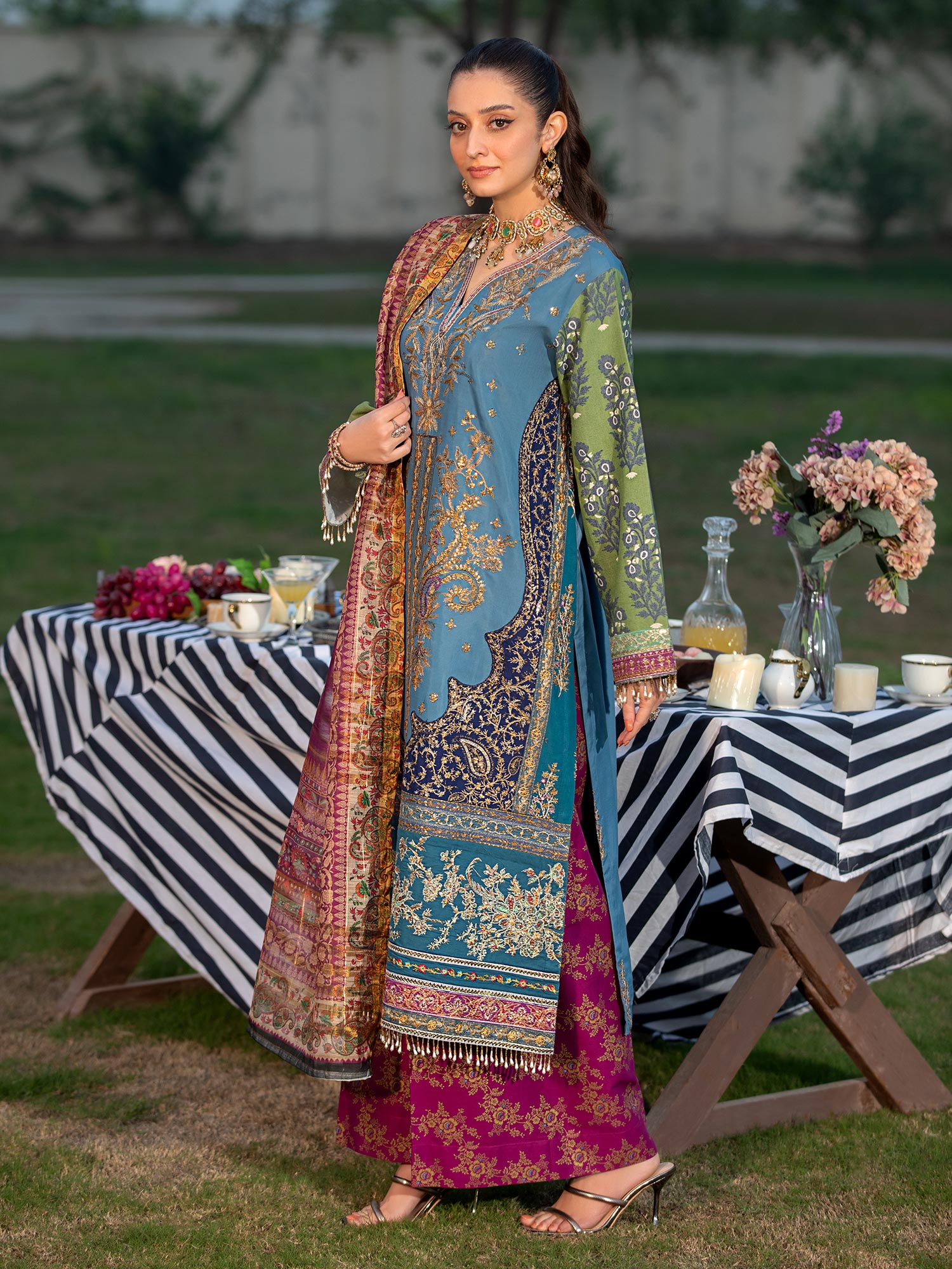 Heera's Multi-Coloured Embroidered Cambric Cotton 3-Piece Suit
