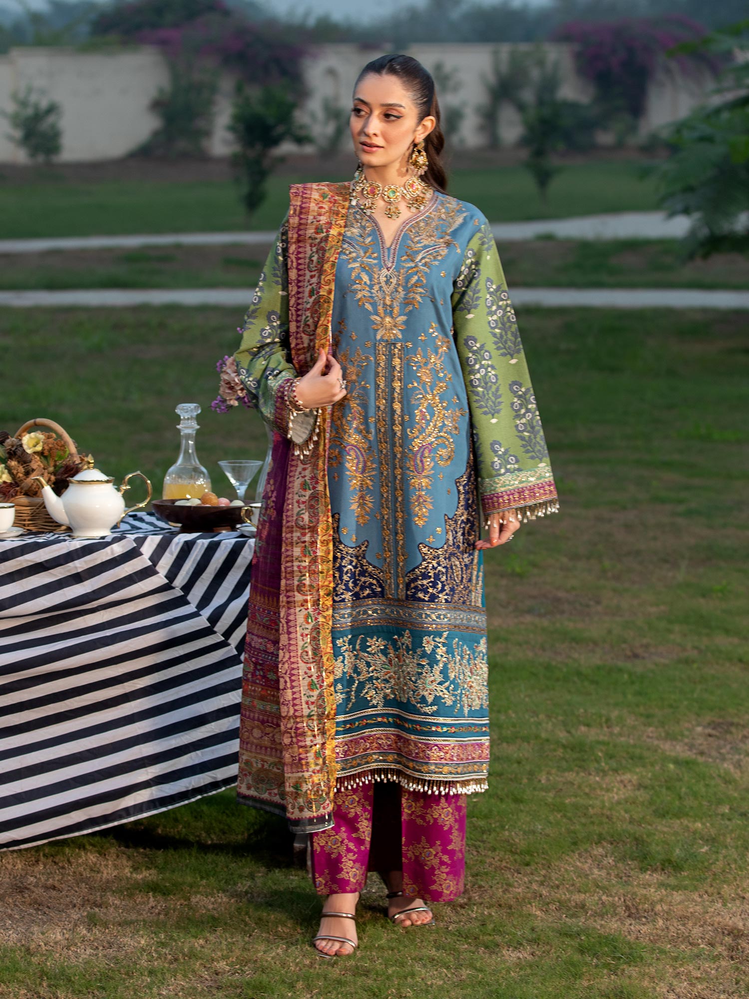 Heera's Multi-Coloured Embroidered Cambric Cotton 3-Piece Suit