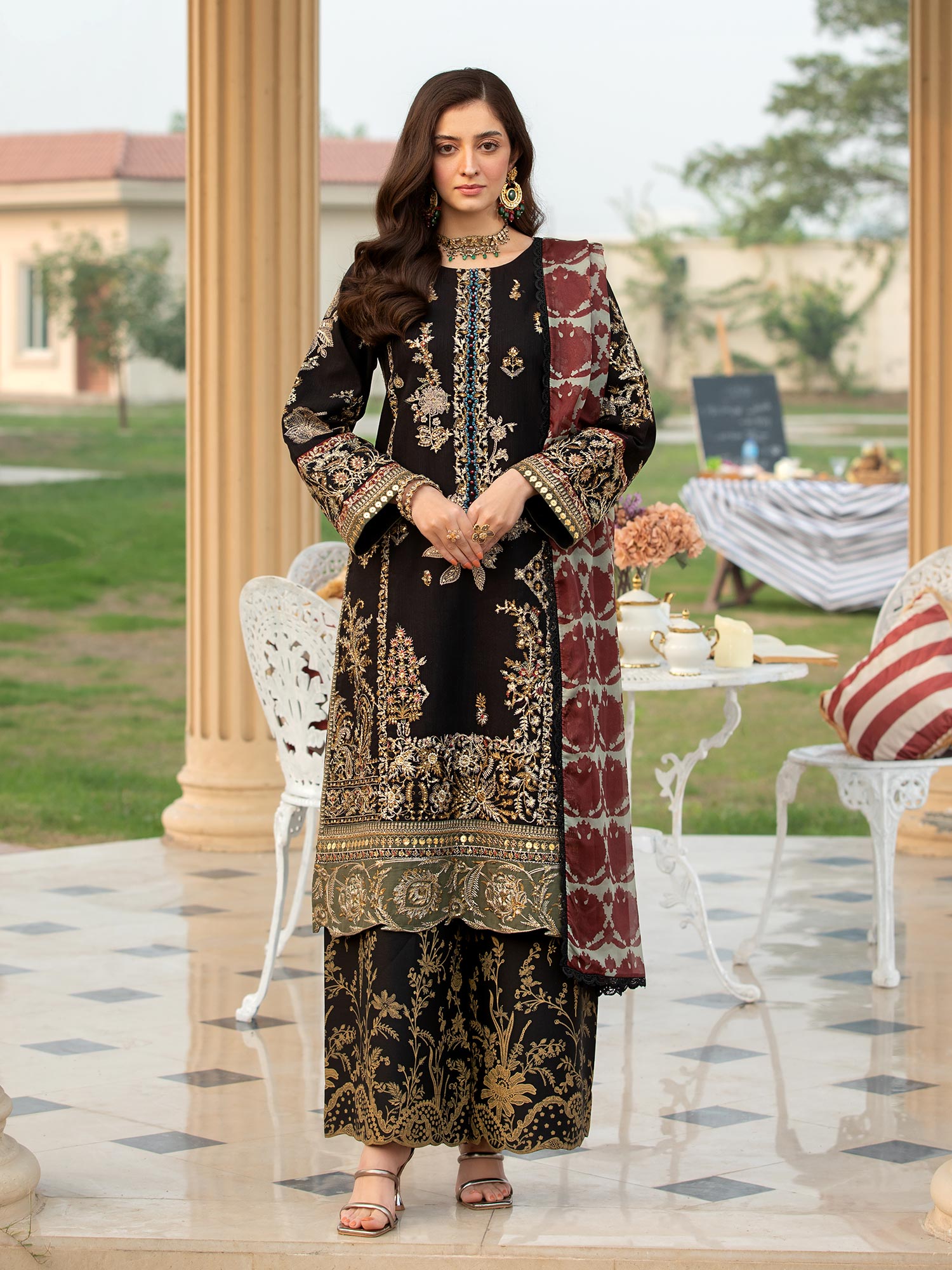 Heera's Black Embroidered Cambric Cotton 3-Piece Suit