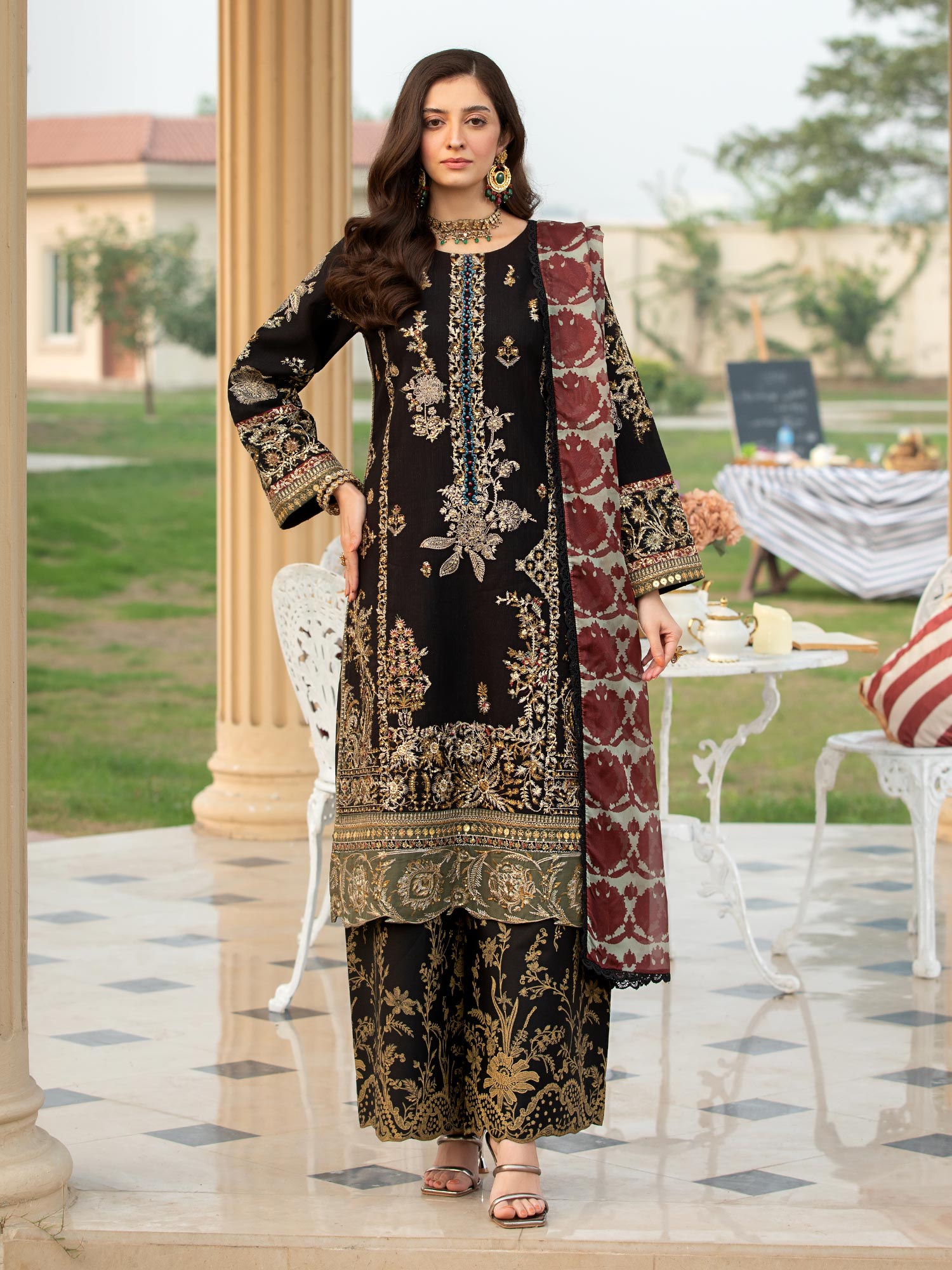 Heera's Black Embroidered Cambric Cotton 3-Piece Suit