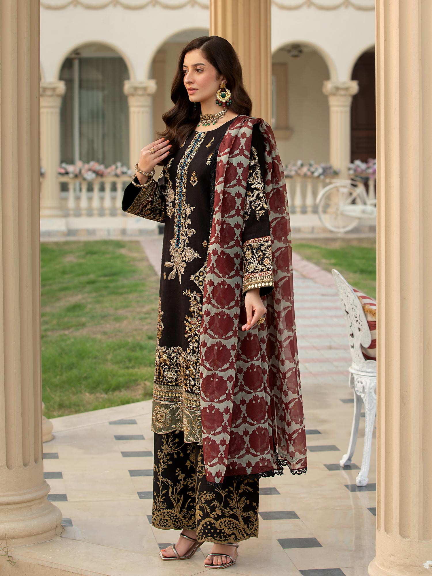 Heera's Black Embroidered Cambric Cotton 3-Piece Suit