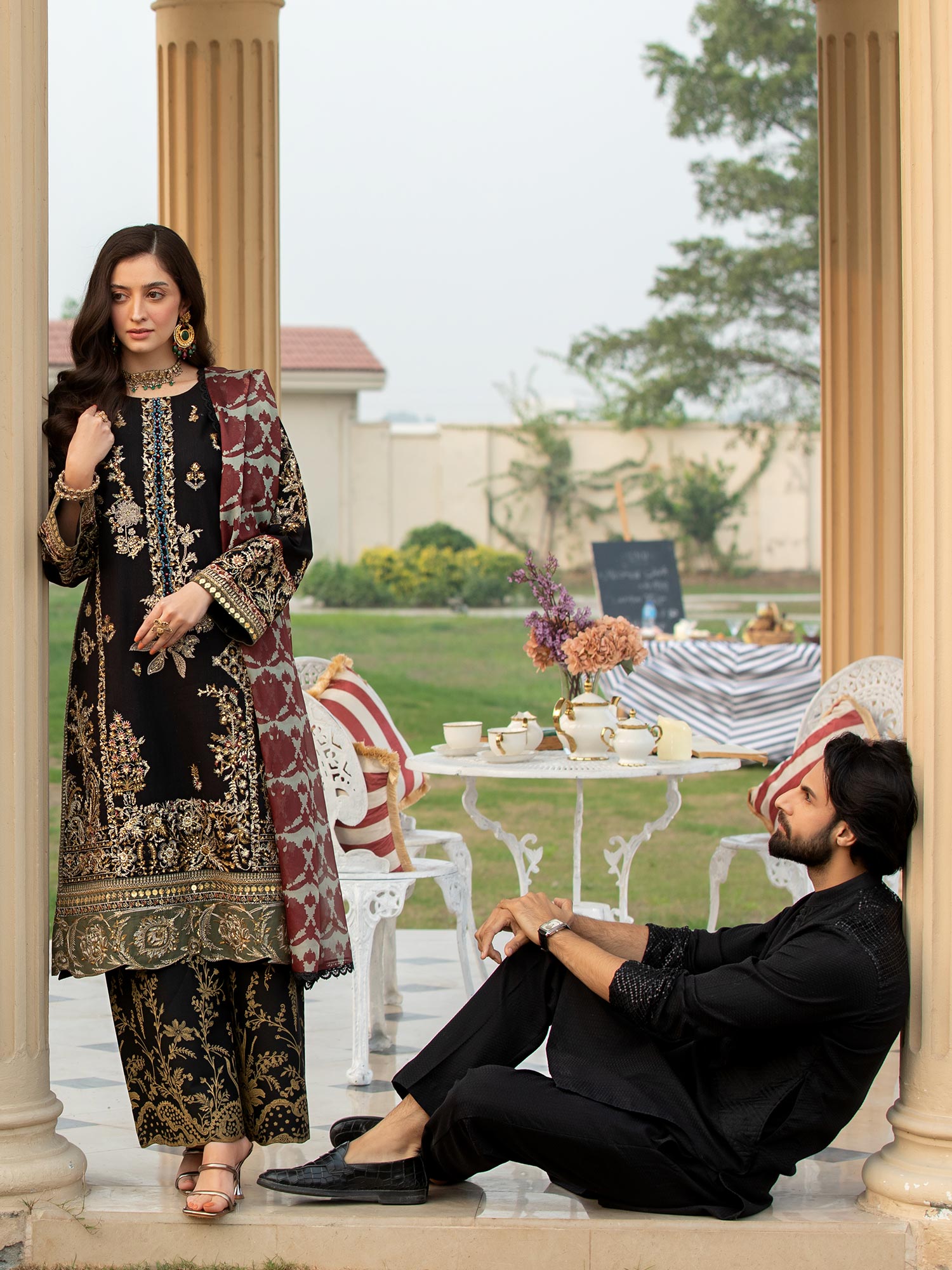 Heera's Black Embroidered Cambric Cotton 3-Piece Suit