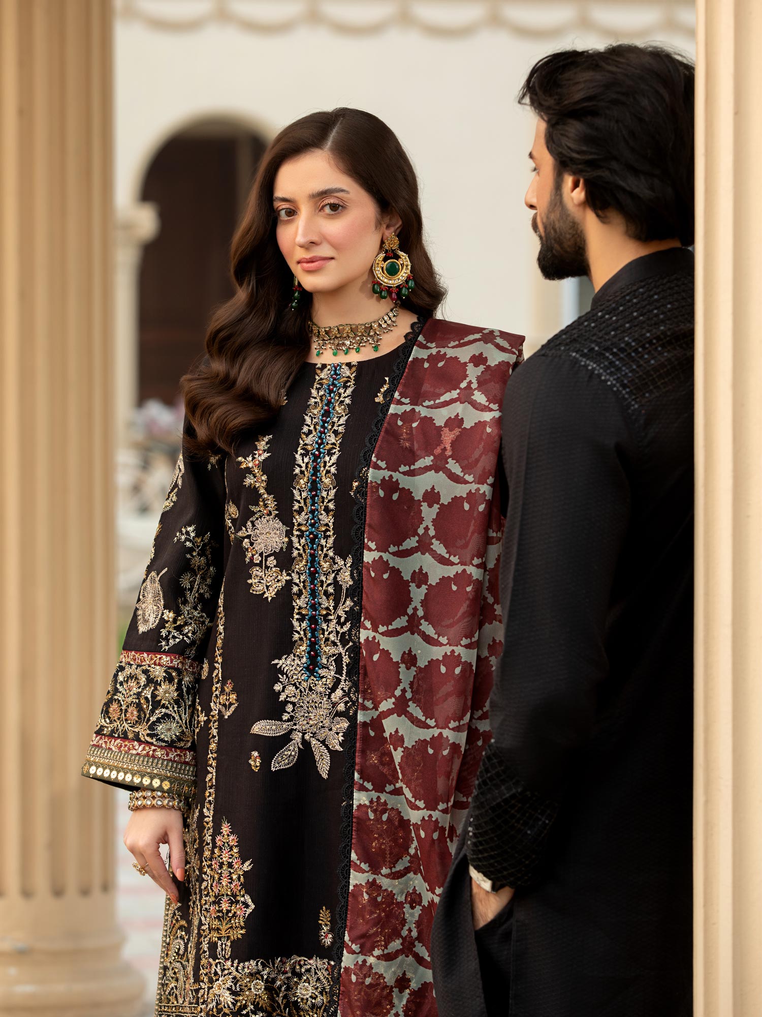 Heera's Black Embroidered Cambric Cotton 3-Piece Suit