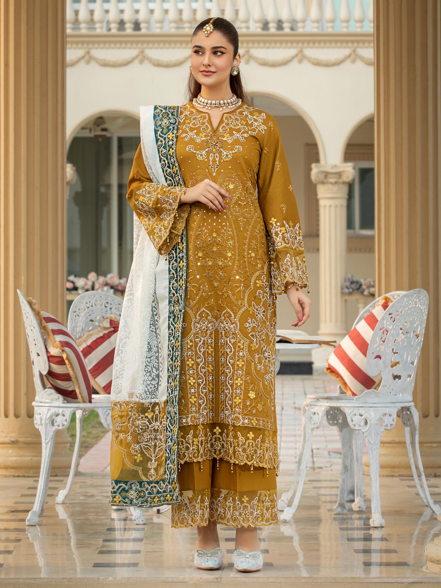 Heera's Gold Embroidered Cambric Cotton 3-Piece Suit