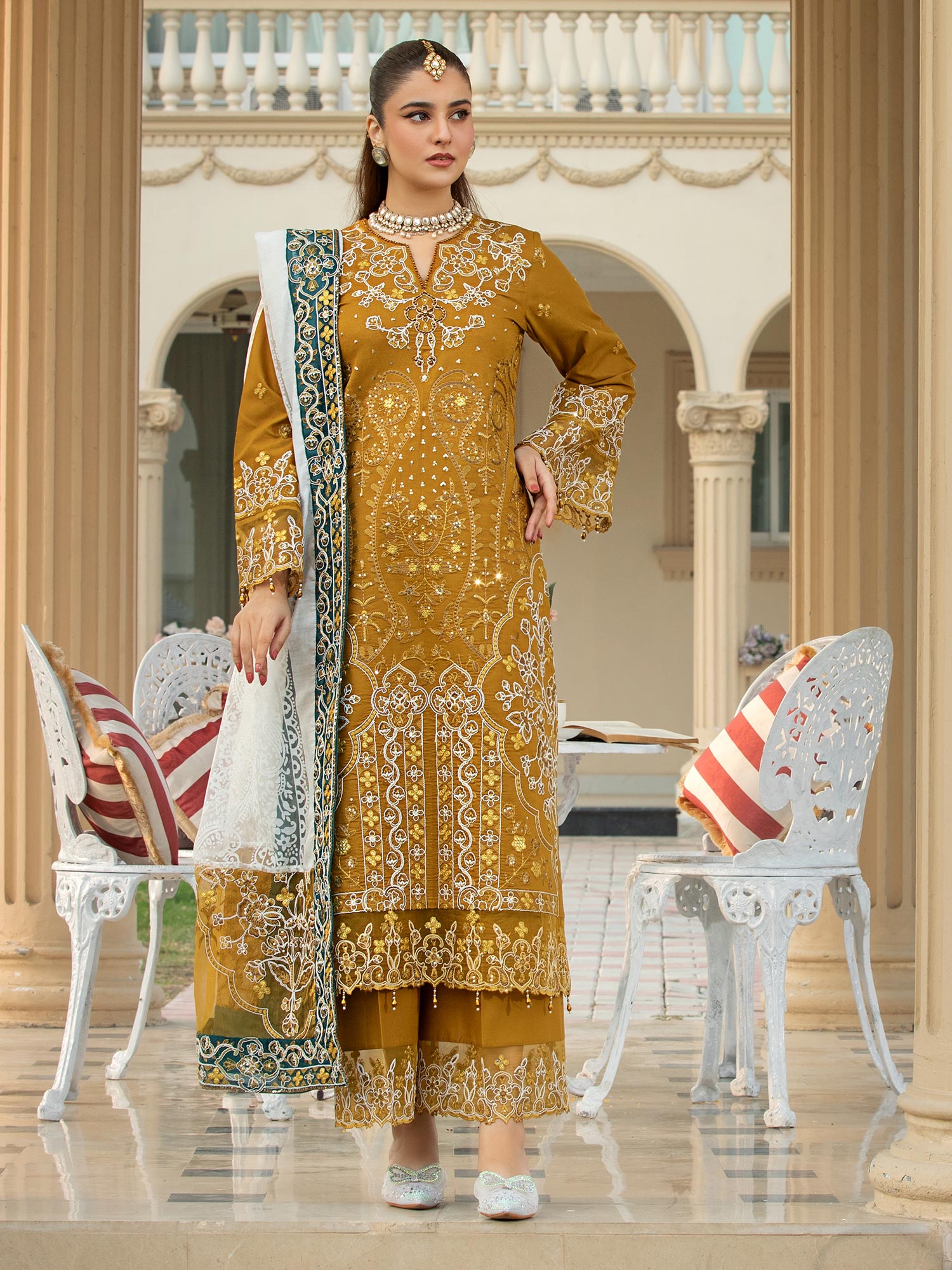 Heera's Gold Embroidered Cambric Cotton 3-Piece Suit