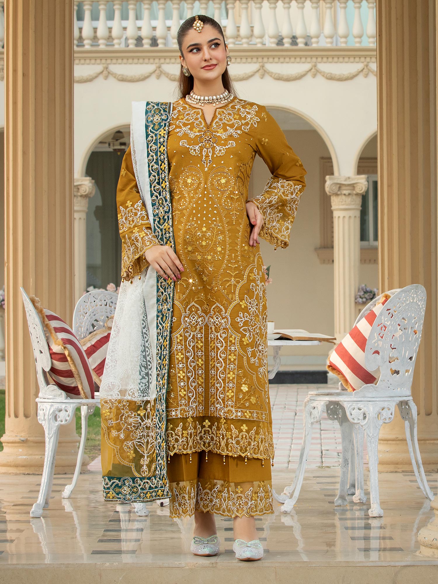 Heera's Gold Embroidered Cambric Cotton 3-Piece Suit