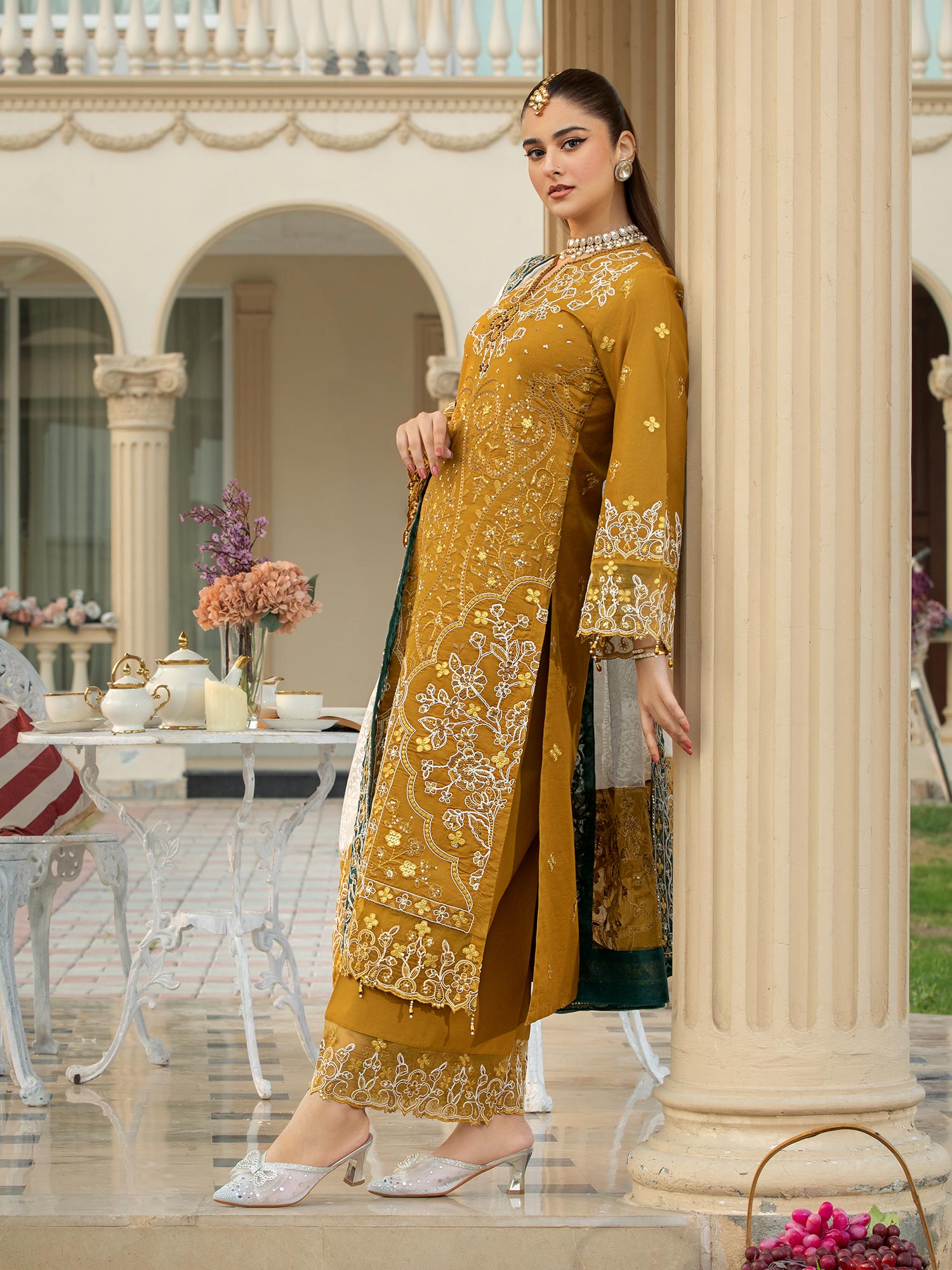 Heera's Gold Embroidered Cambric Cotton 3-Piece Suit