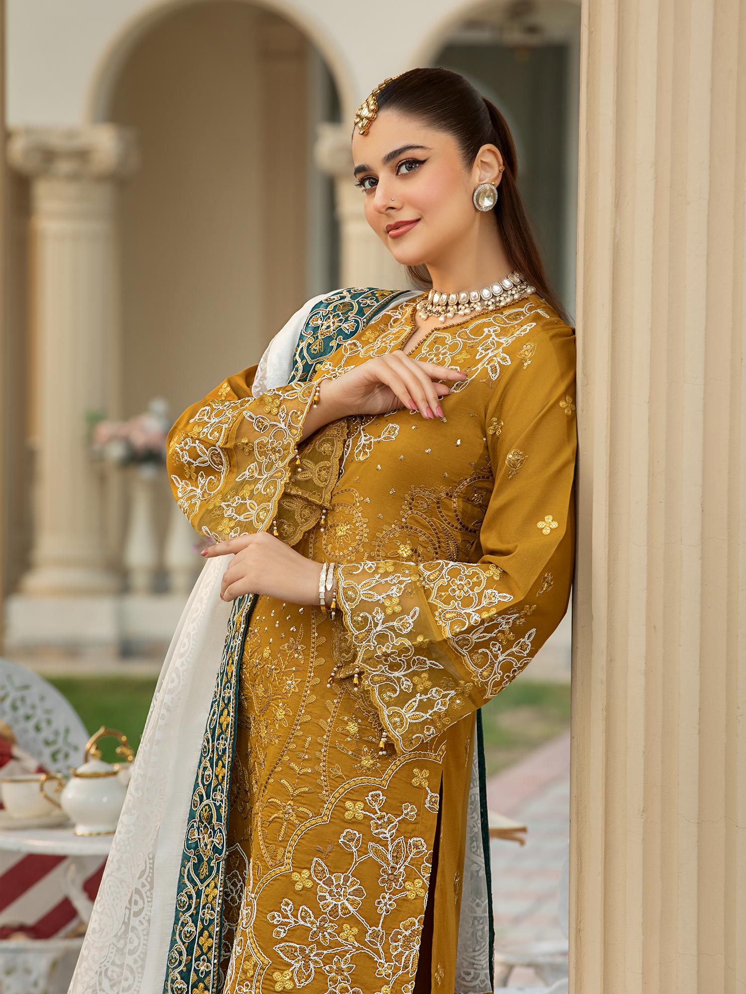 Heera's Gold Embroidered Cambric Cotton 3-Piece Suit