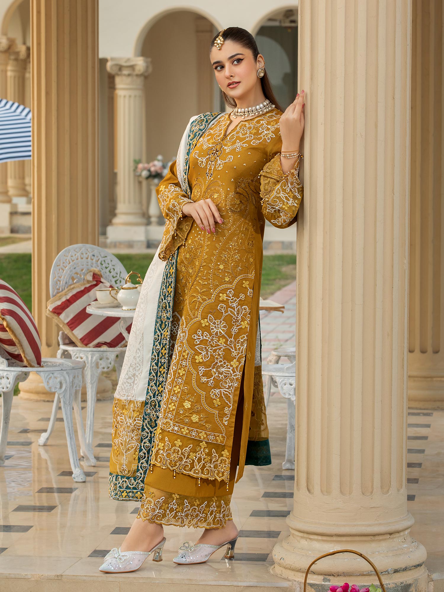 Heera's Gold Embroidered Cambric Cotton 3-Piece Suit