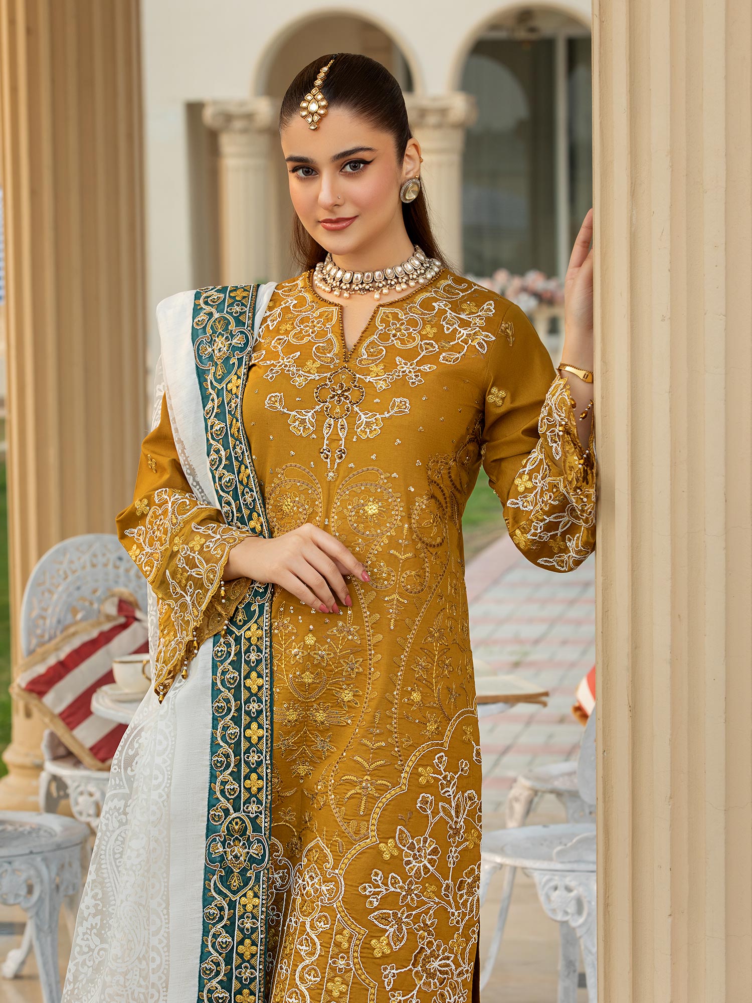 Heera's Gold Embroidered Cambric Cotton 3-Piece Suit