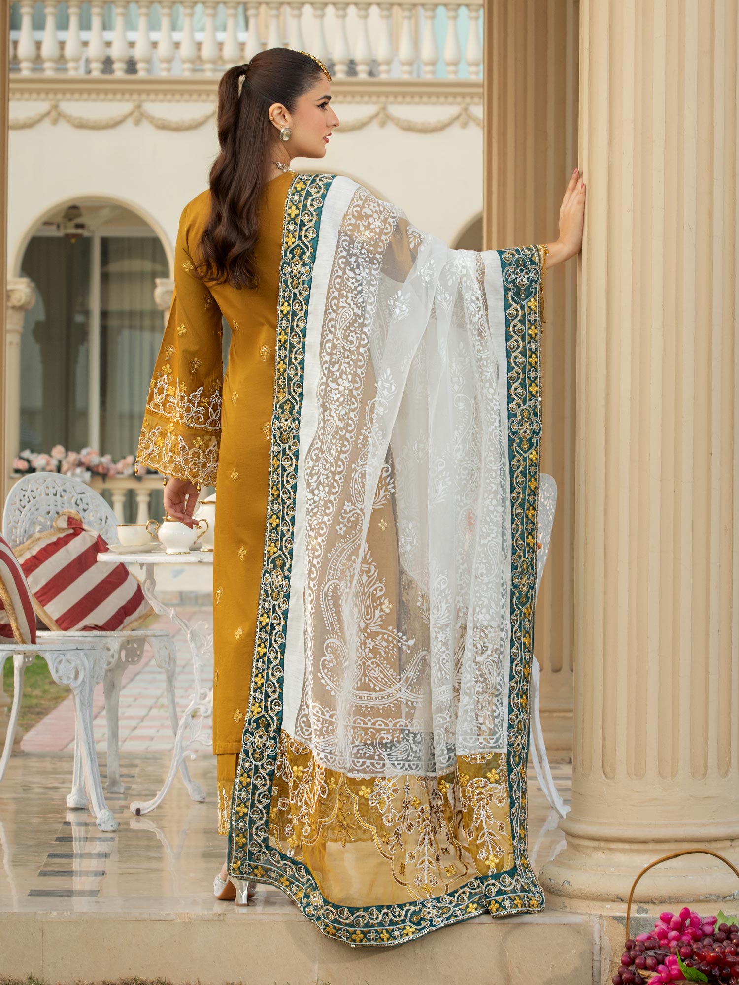 Heera's Gold Embroidered Cambric Cotton 3-Piece Suit