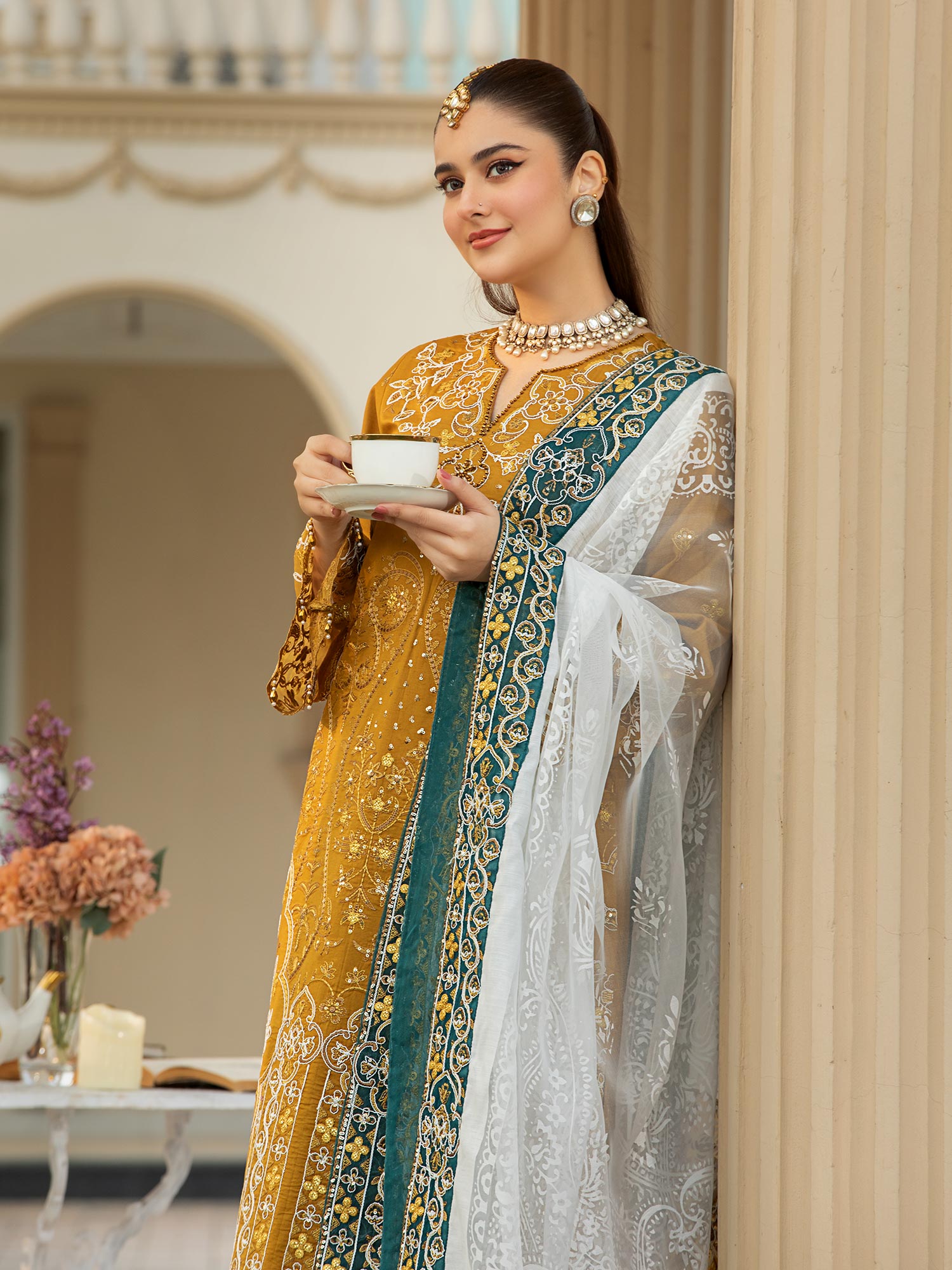 Heera's Gold Embroidered Cambric Cotton 3-Piece Suit