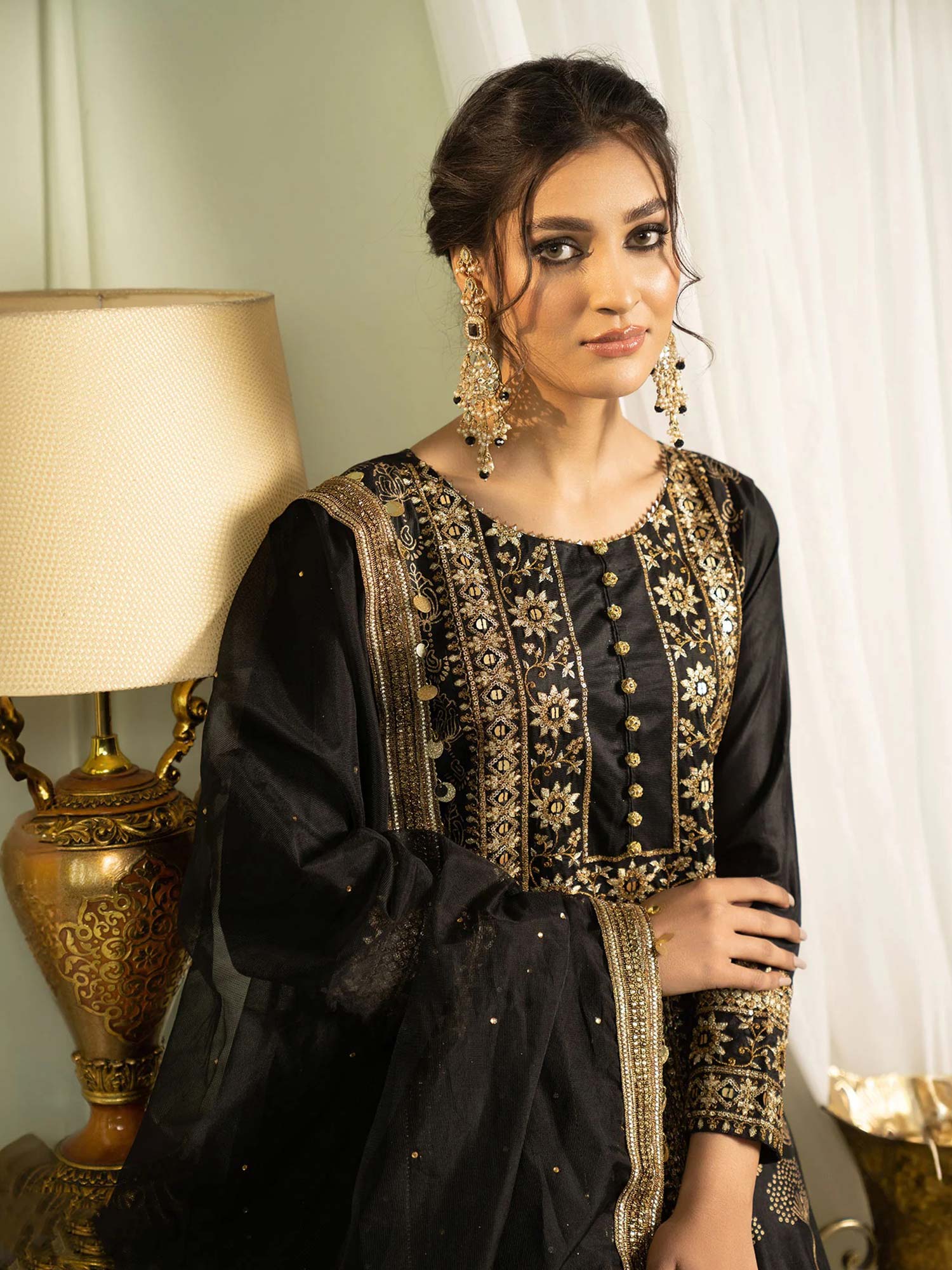 Sha Posh Chambray Katan Embroidered Frock Suit - Black