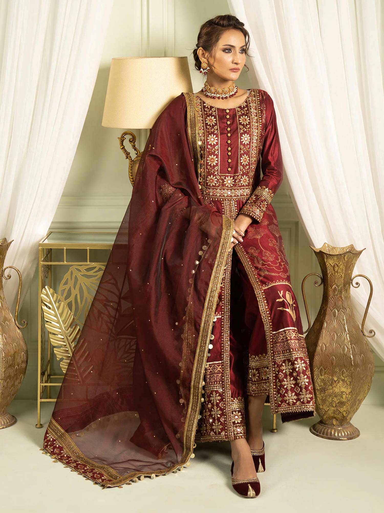 Sha Posh Chambray Katan Embroidered Frock Suit - Maroon