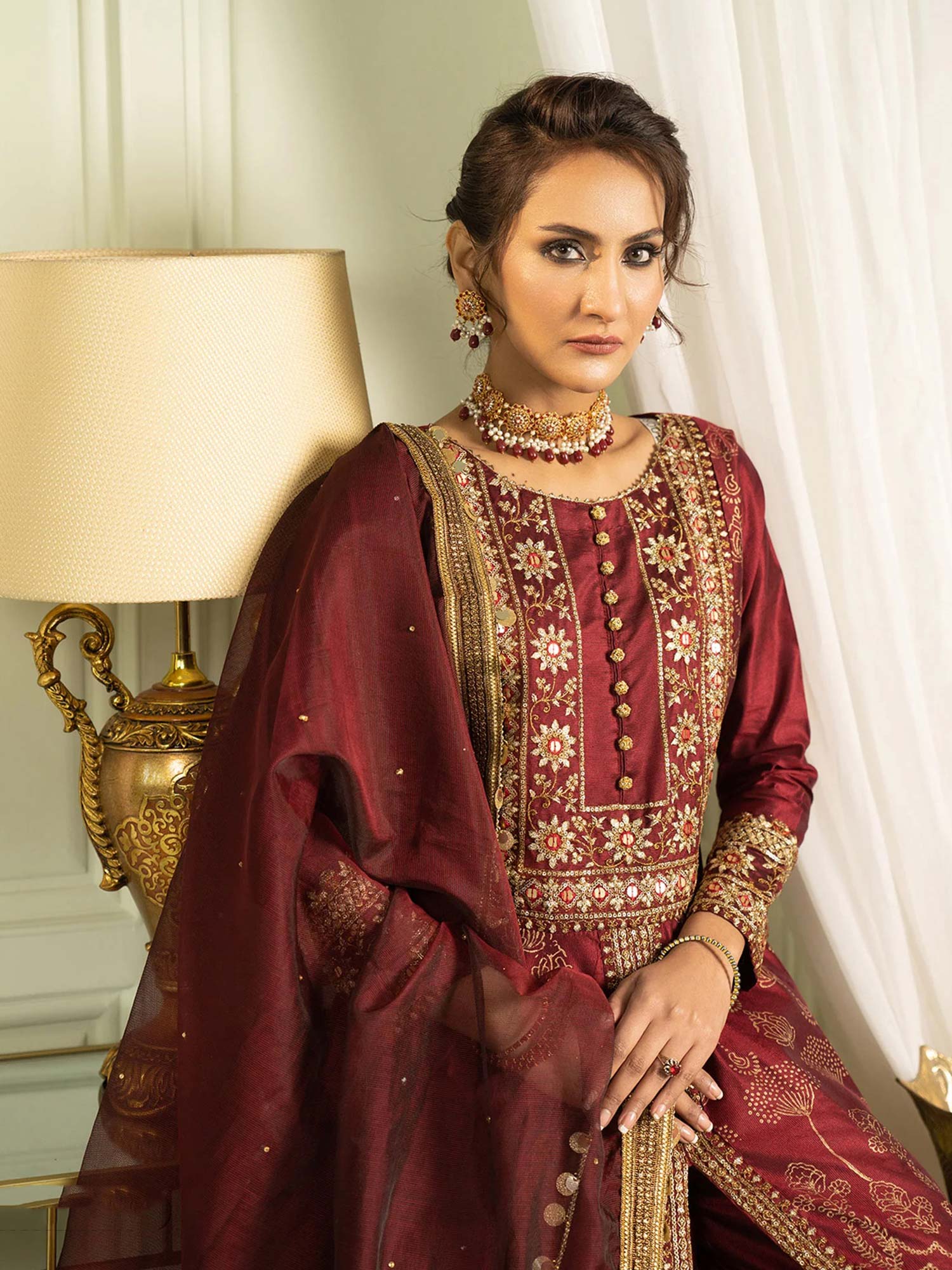 Sha Posh Chambray Katan Embroidered Frock Suit - Maroon