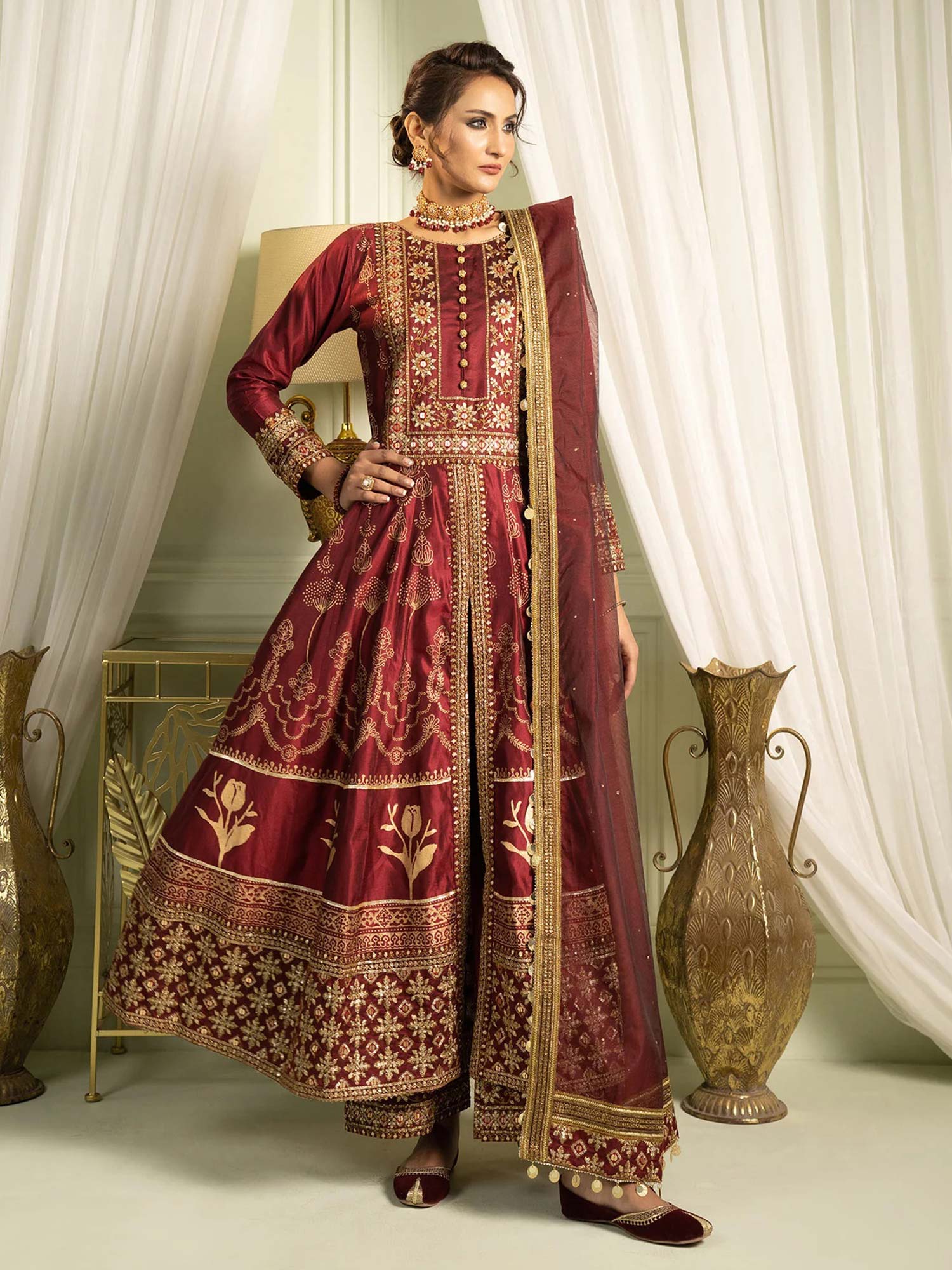 Sha Posh Chambray Katan Embroidered Frock Suit - Maroon