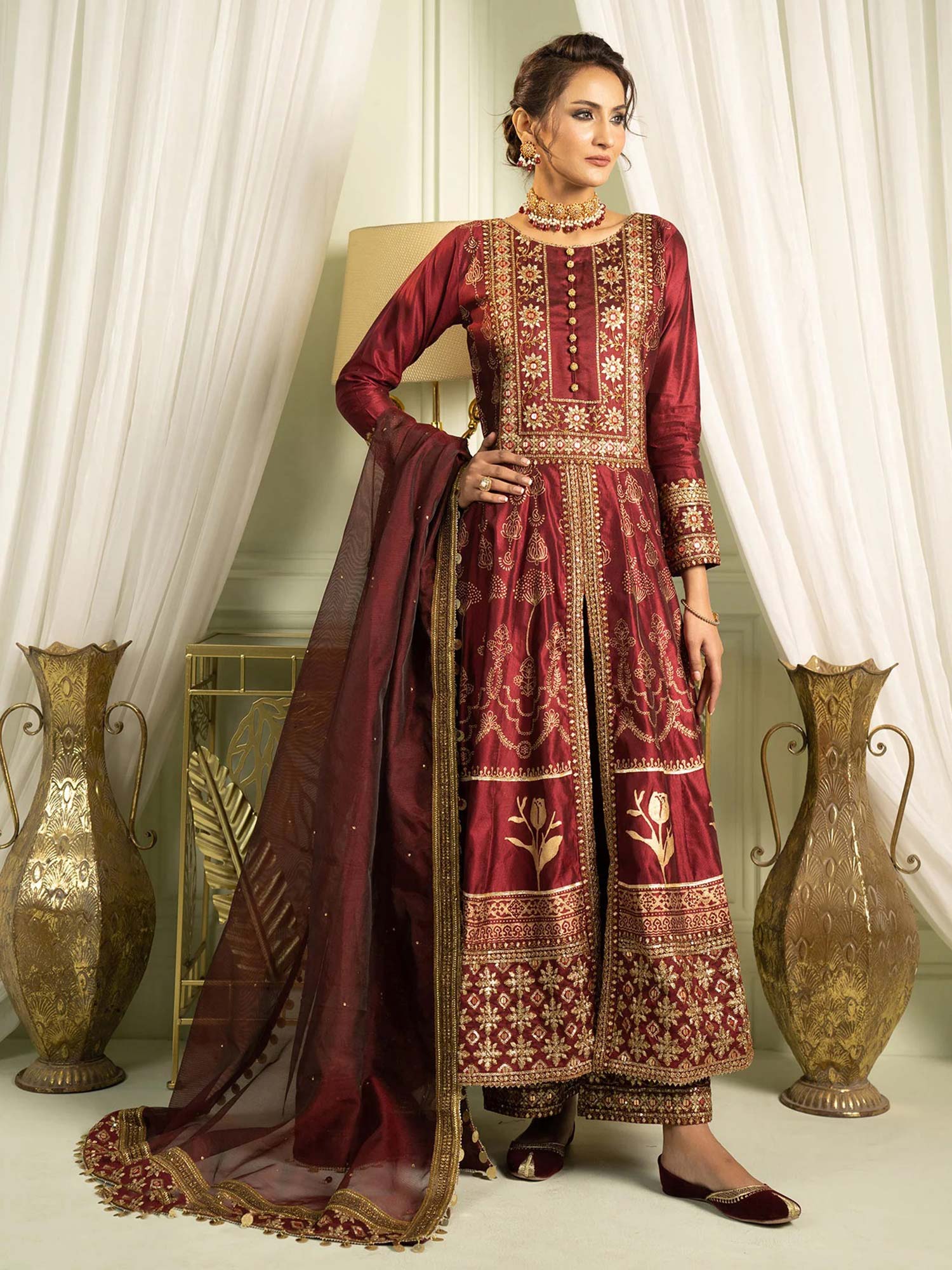 Sha Posh Chambray Katan Embroidered Frock Suit - Maroon