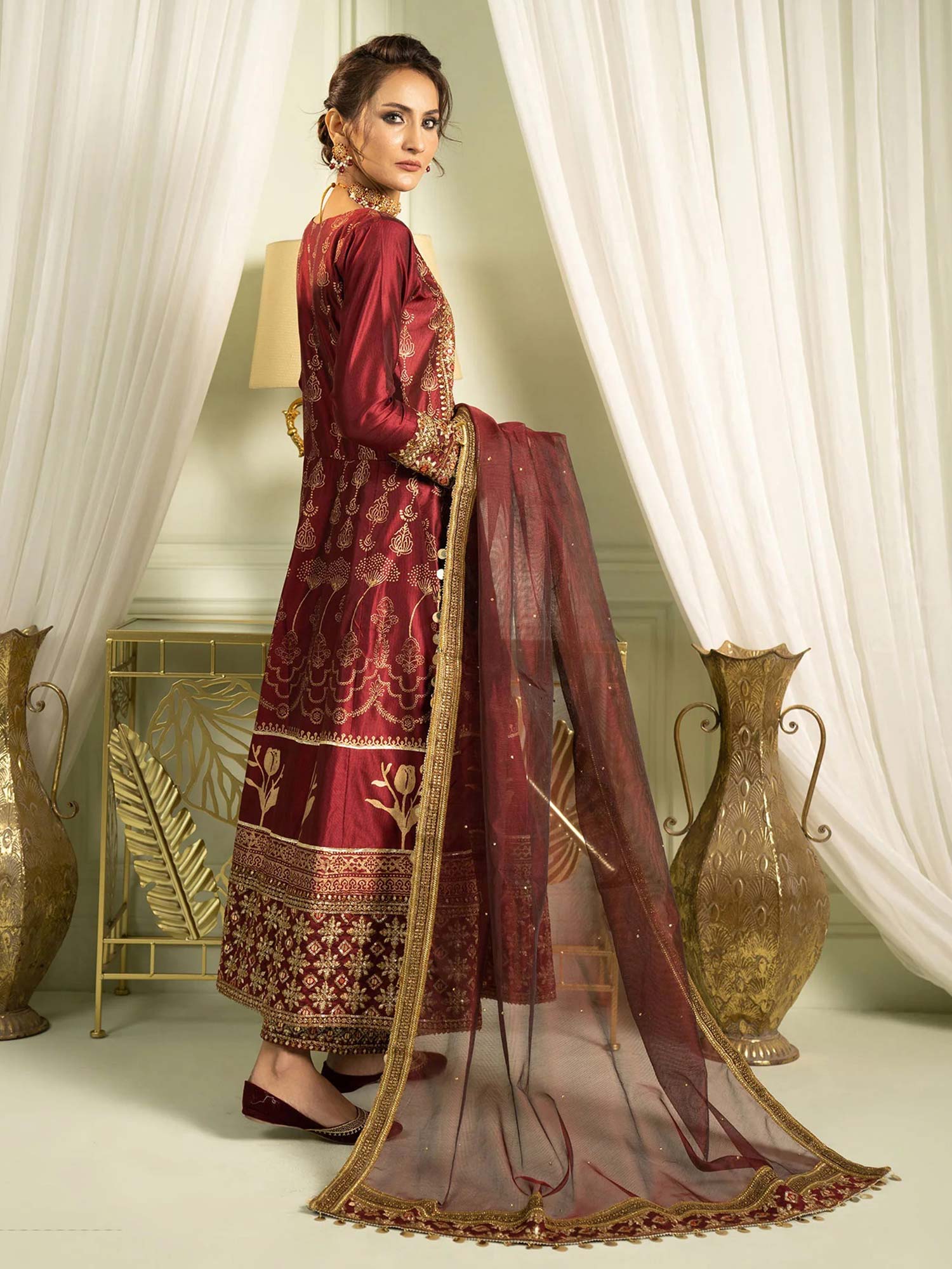 Sha Posh Chambray Katan Embroidered Frock Suit - Maroon