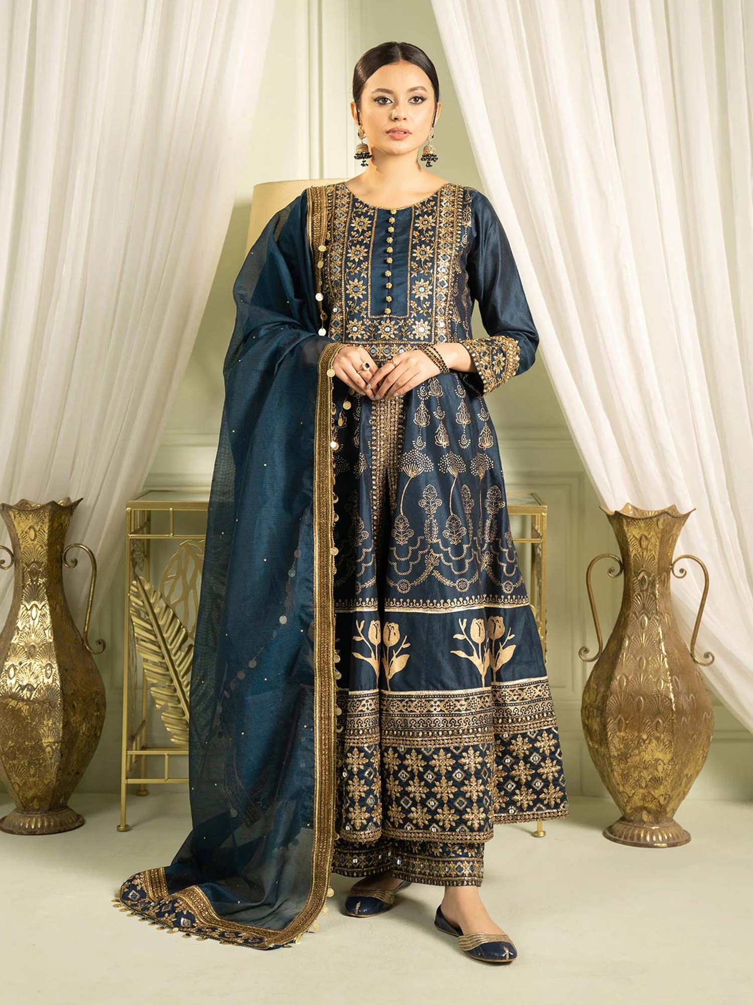 Sha Posh Chambray Katan Embroidered Frock Suit - Zinc