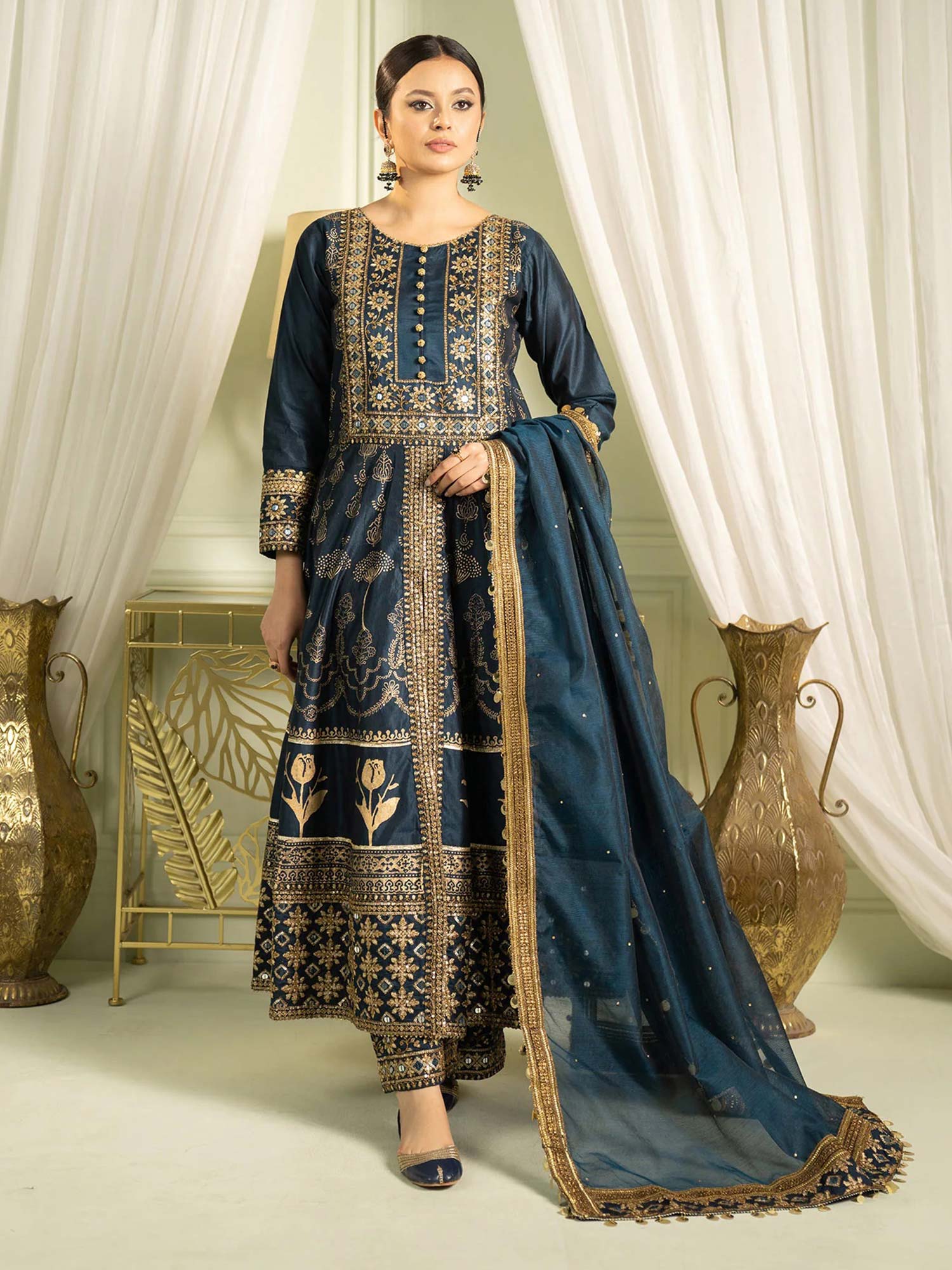 Sha Posh Chambray Katan Embroidered Frock Suit - Zinc