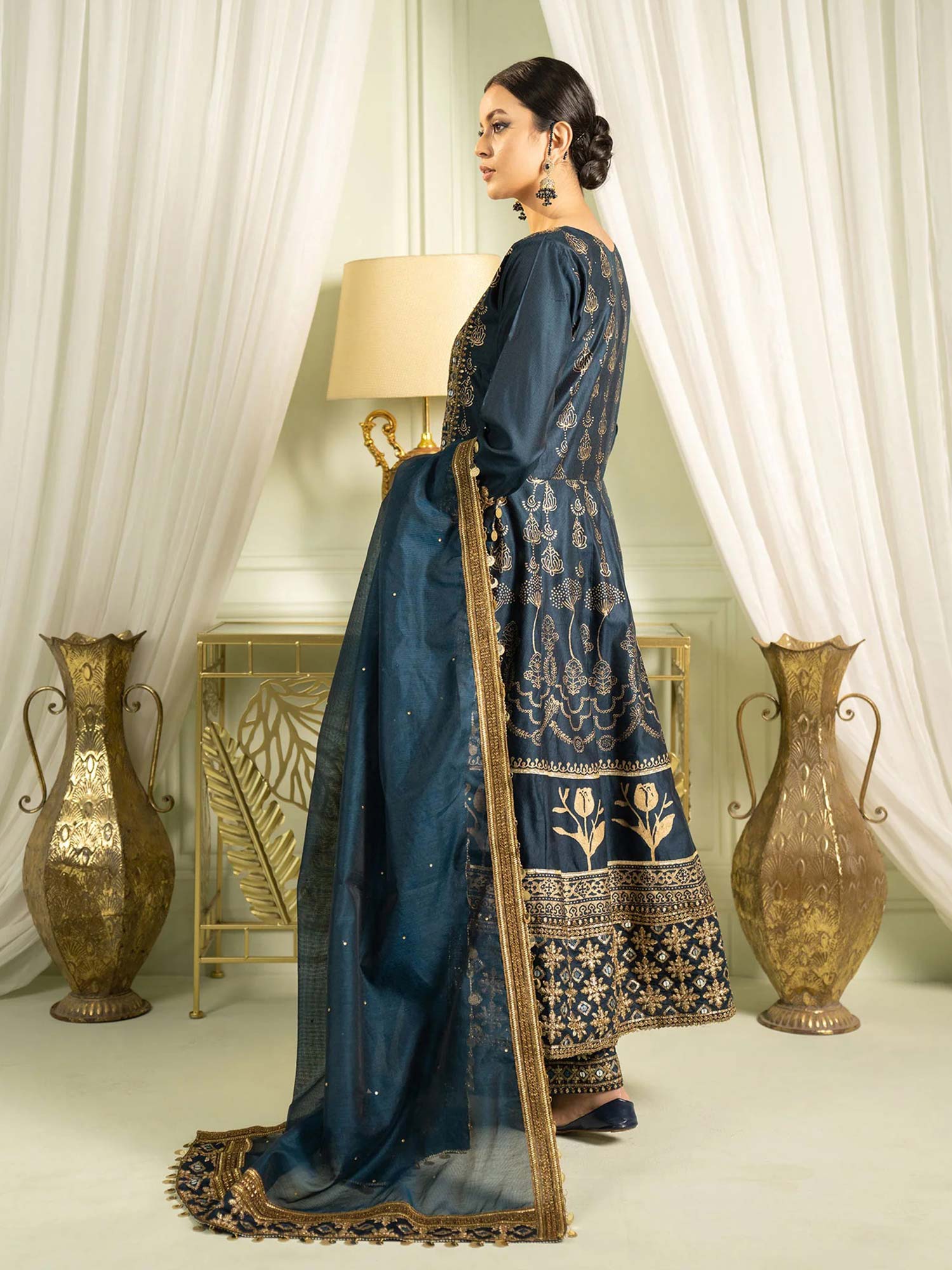 Sha Posh Chambray Katan Embroidered Frock Suit - Zinc