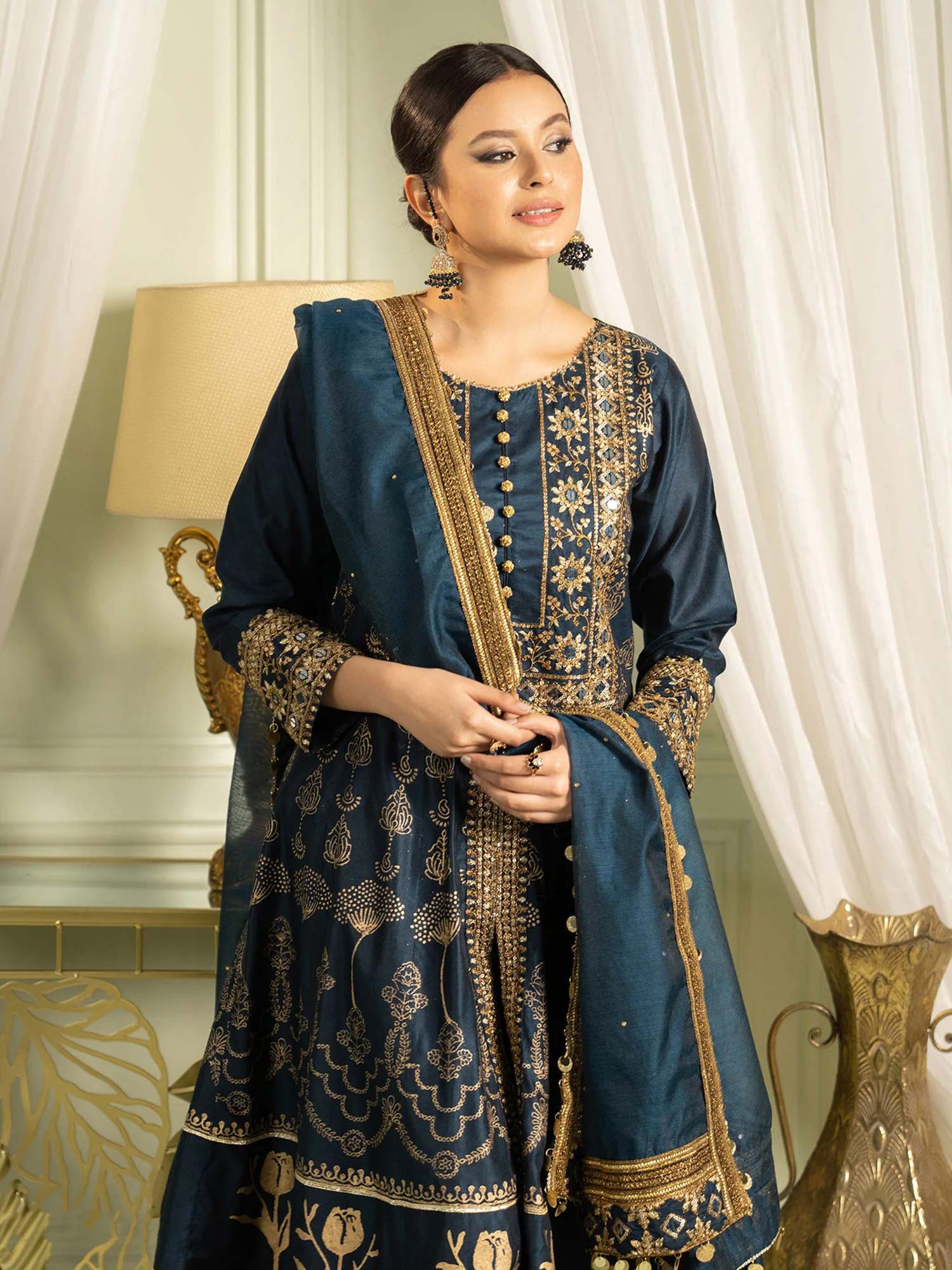 Sha Posh Chambray Katan Embroidered Frock Suit - Zinc