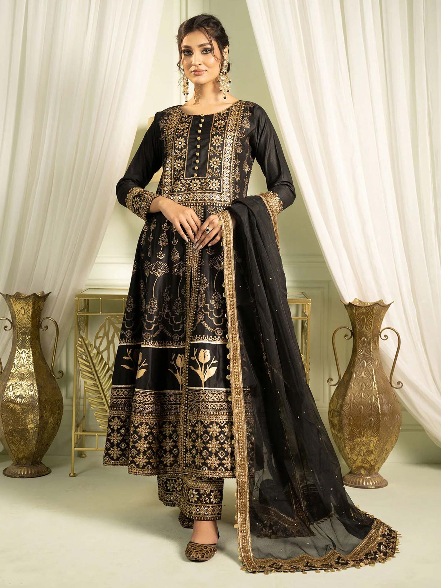 Sha Posh Chambray Katan Embroidered Frock Suit - Black