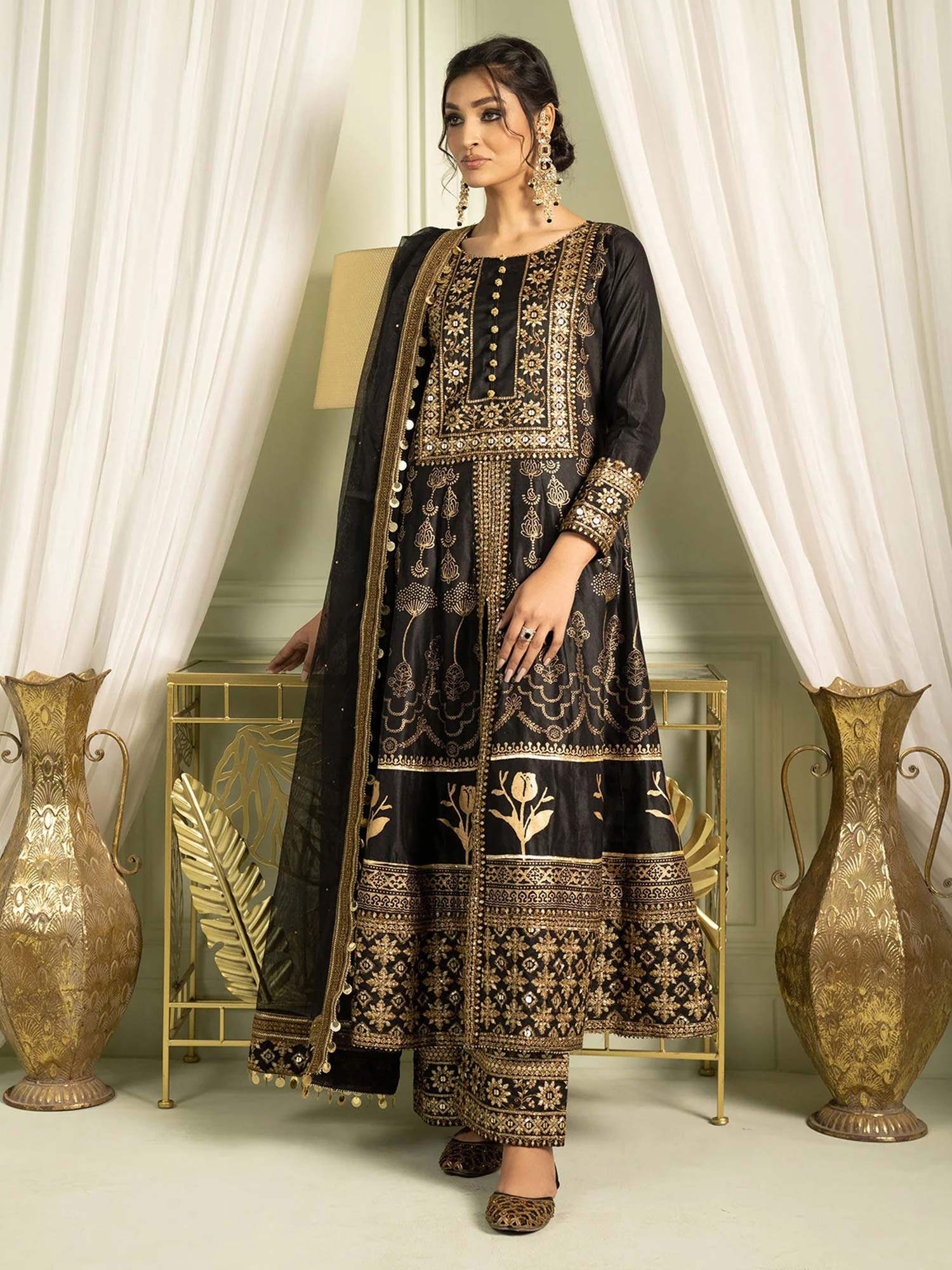 Sha Posh Chambray Katan Embroidered Frock Suit - Black