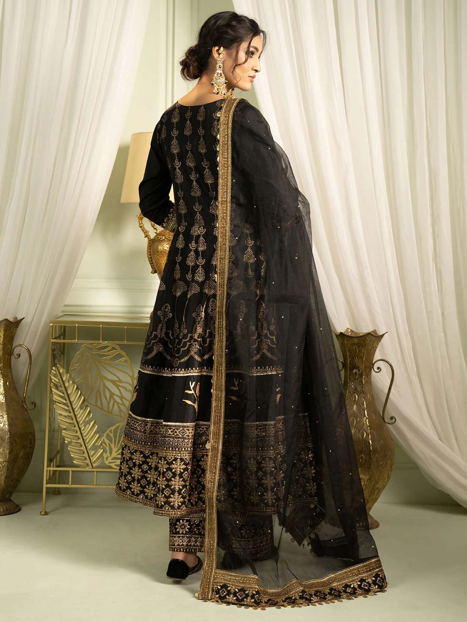 Sha Posh Chambray Katan Embroidered Frock Suit - Black