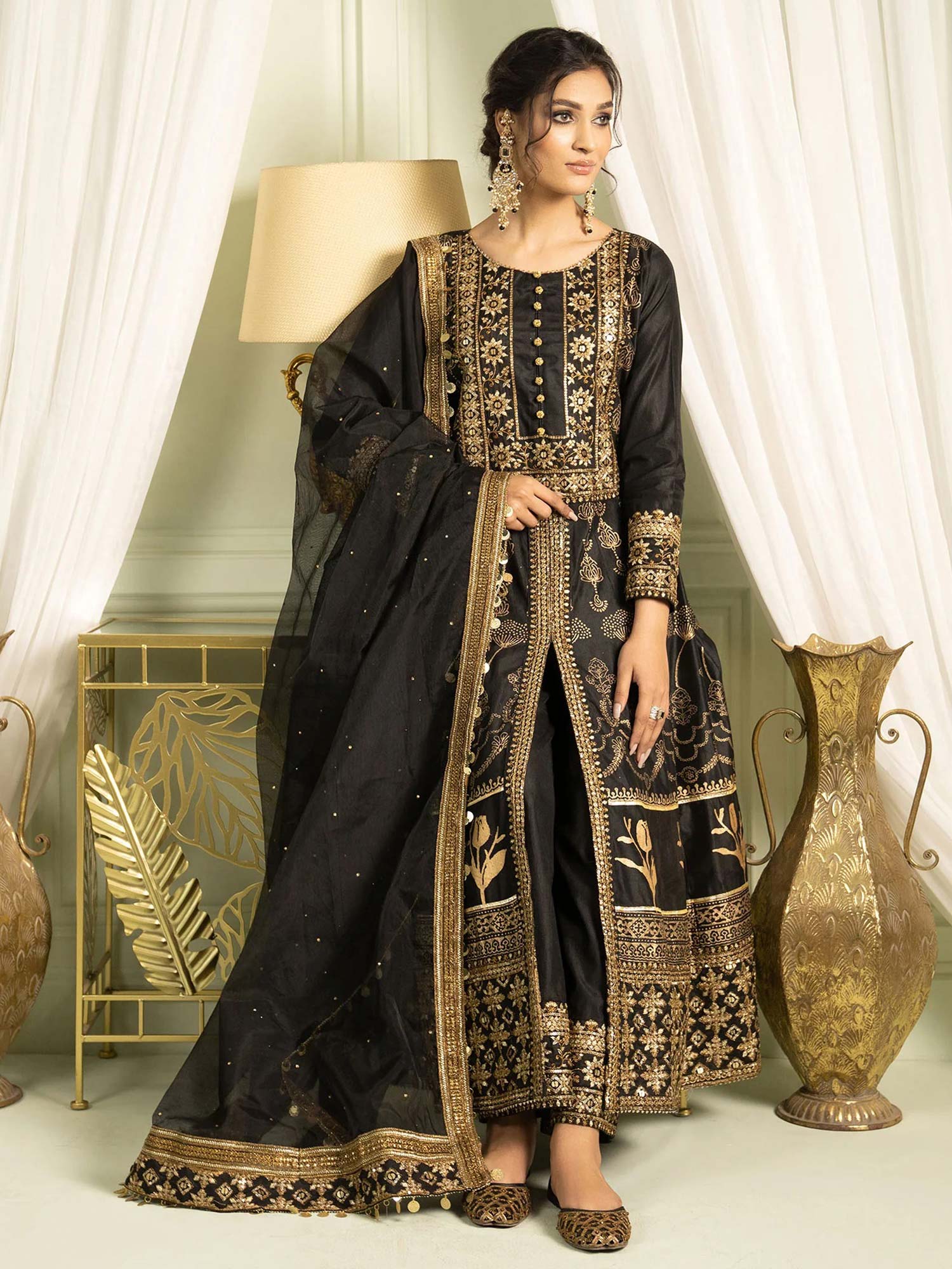 Sha Posh Chambray Katan Embroidered Frock Suit - Black