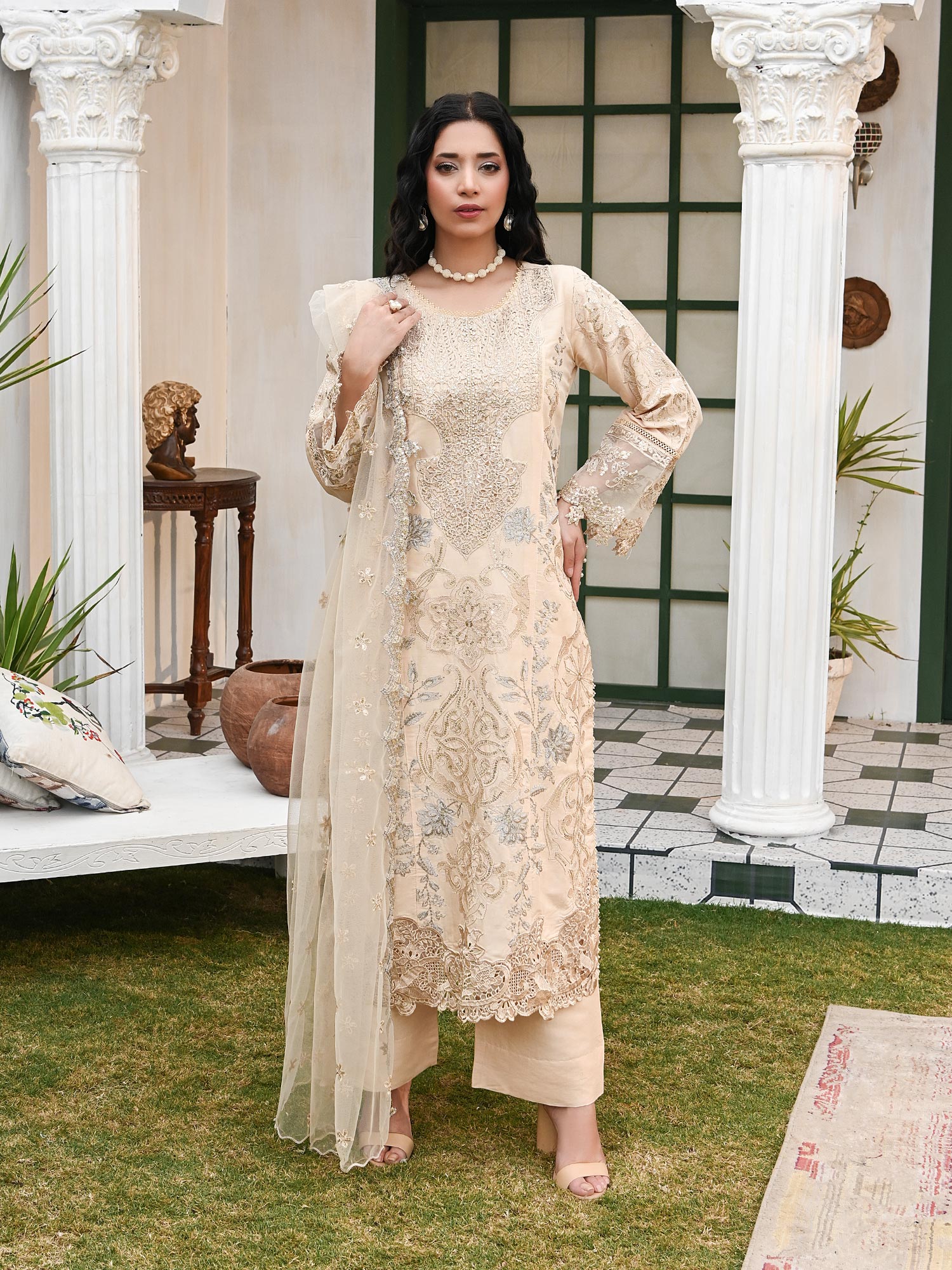 Cream Fully Embroidered Linen Suit