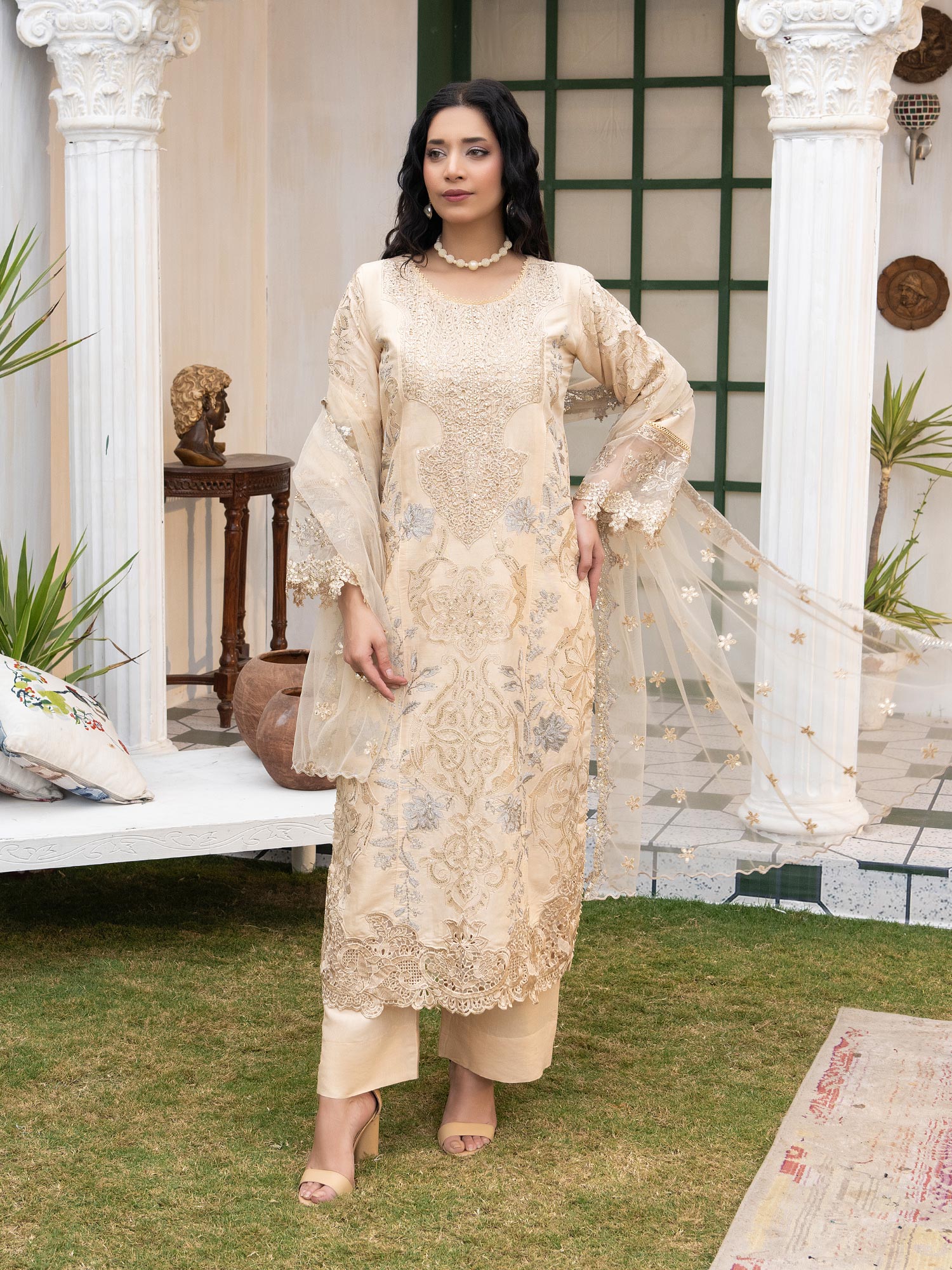 Cream Fully Embroidered Linen Suit