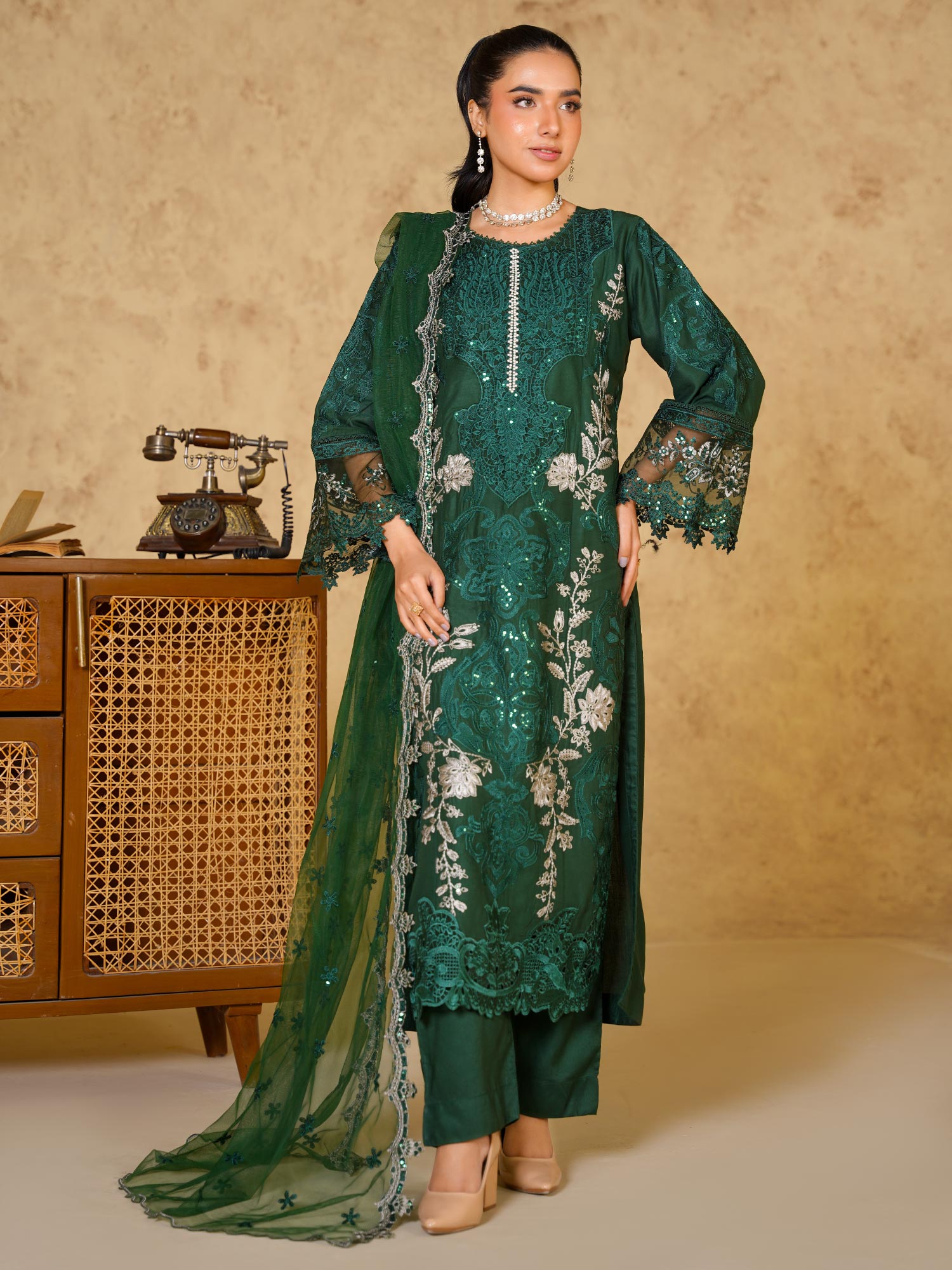 Green Fully Embroidered Linen Suit