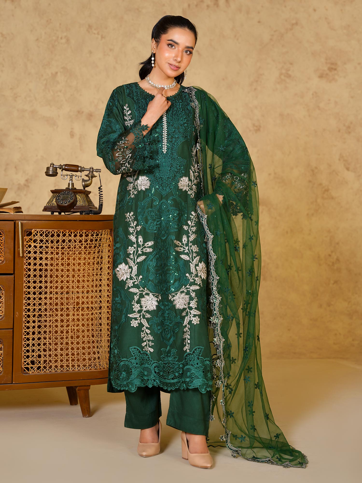 Green Fully Embroidered Linen Suit