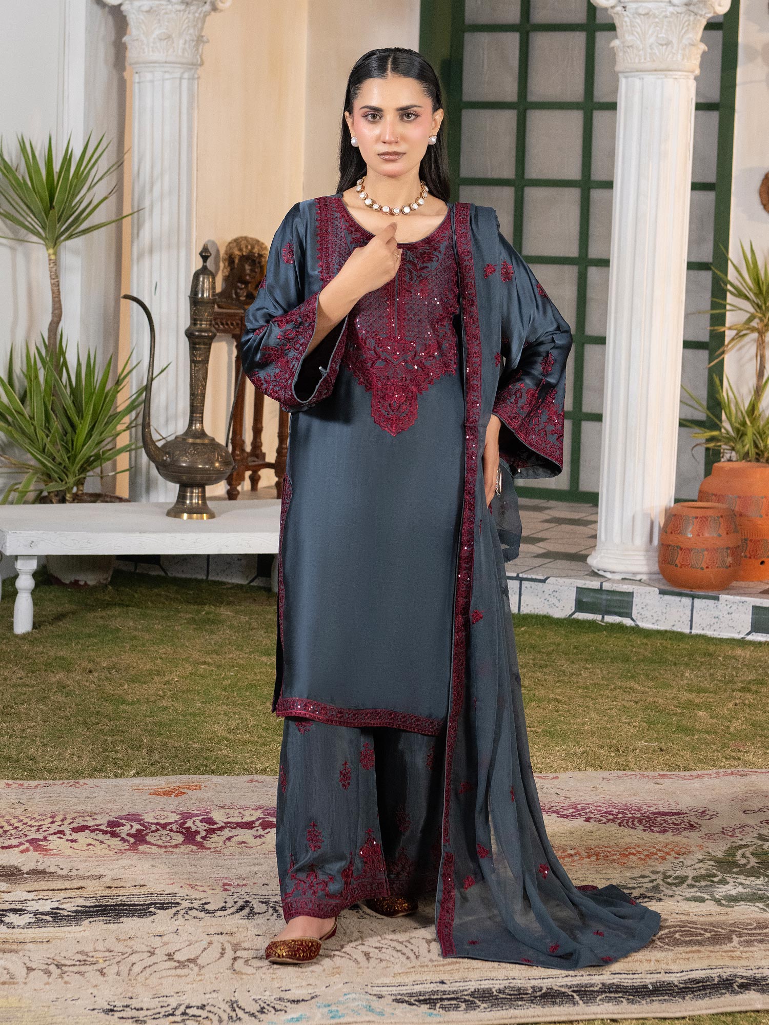 Charcoal Grey Embroidered Lux Silk Suit