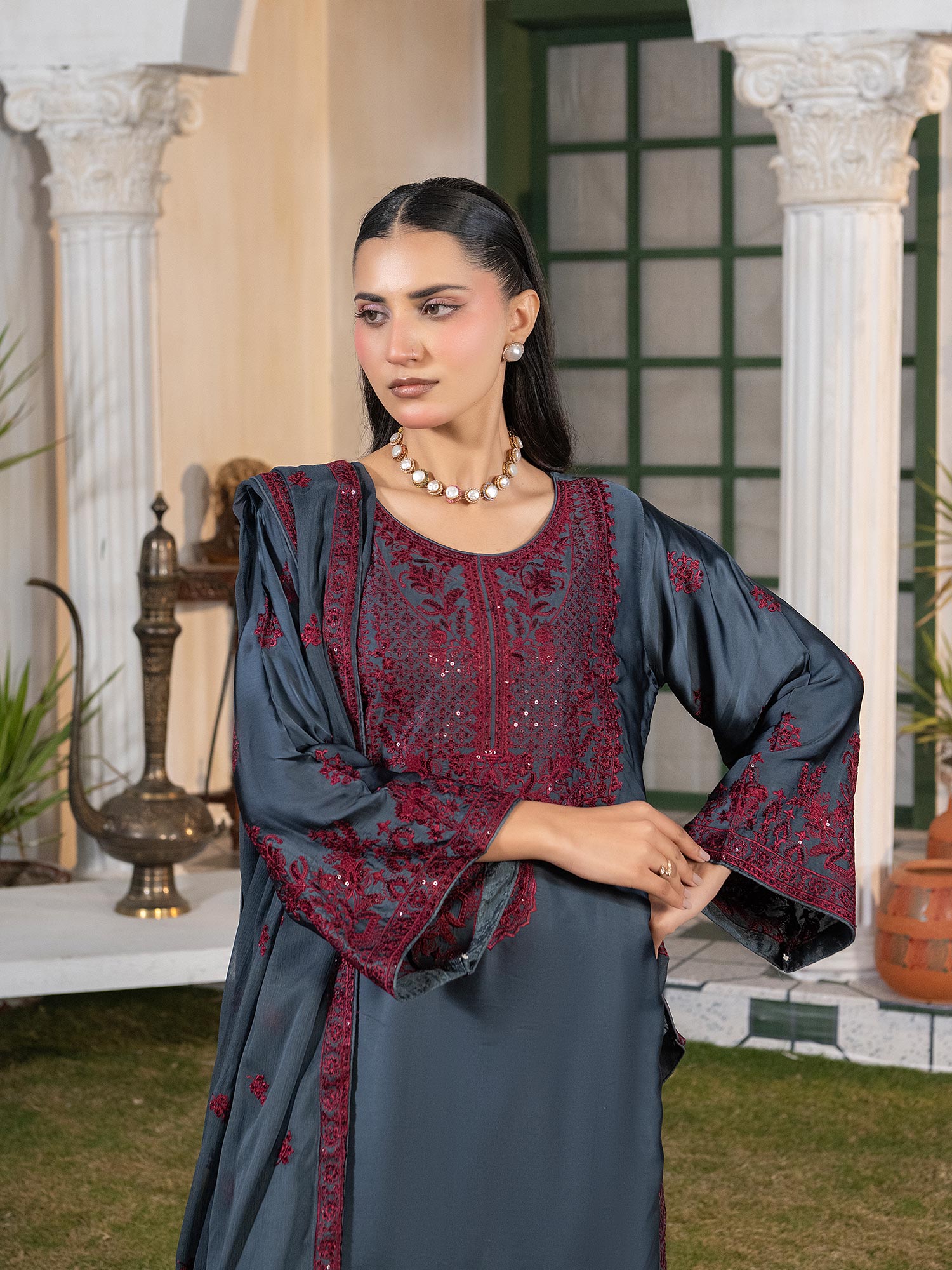 Charcoal Grey Embroidered Lux Silk Suit