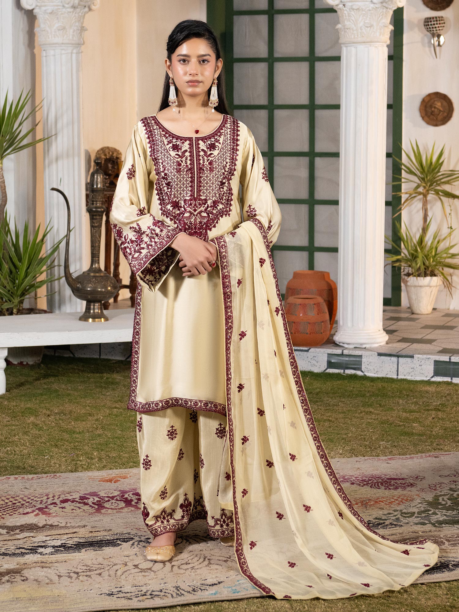 Gold-Beige Embroidered Lux Silk Suit