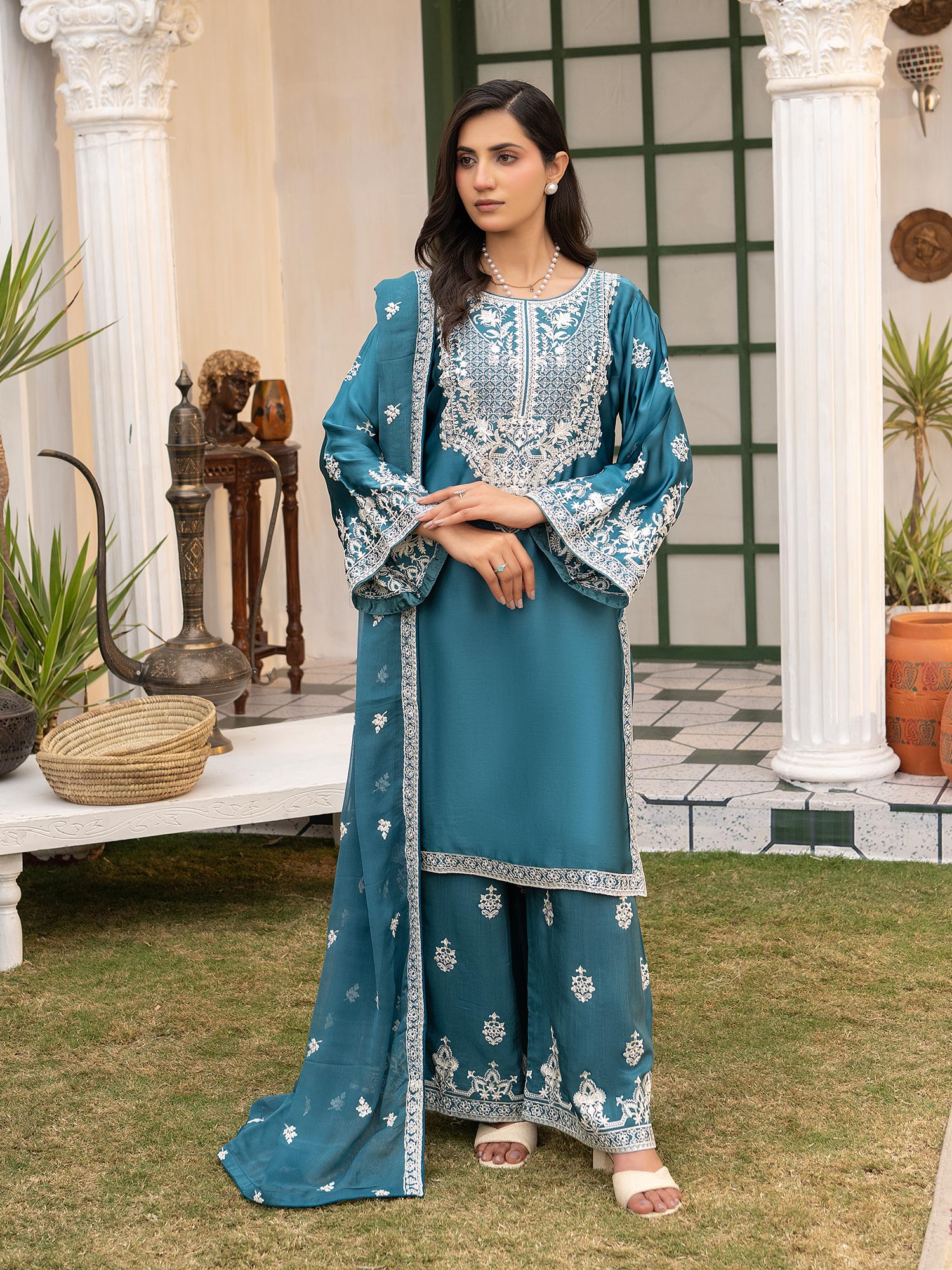 Teal Embroidered Lux Silk Suit