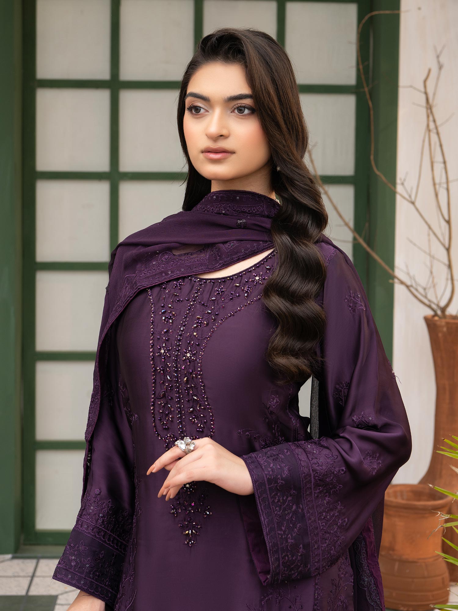 Purple Embellished Luxury Silk Suit