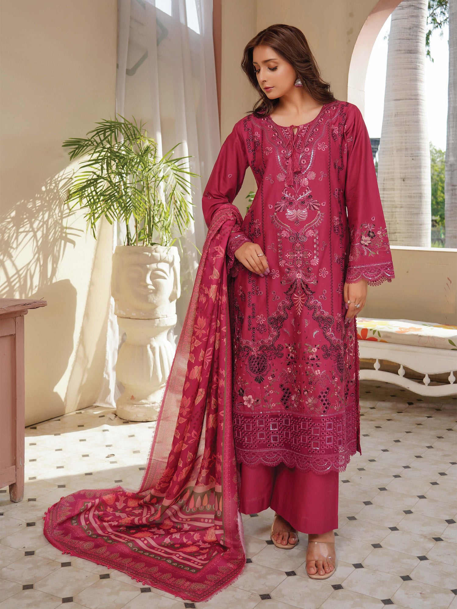 Munira Embroidered Lawn Suit (Vol.49 - D05) - Berry Pink