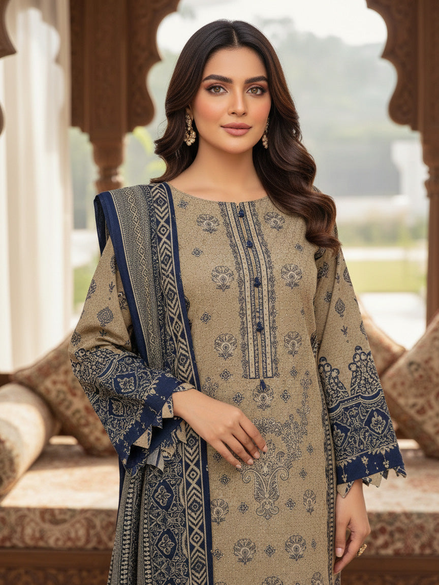 Brown & Navy Dhanak 3-Piece Suit with Shawl