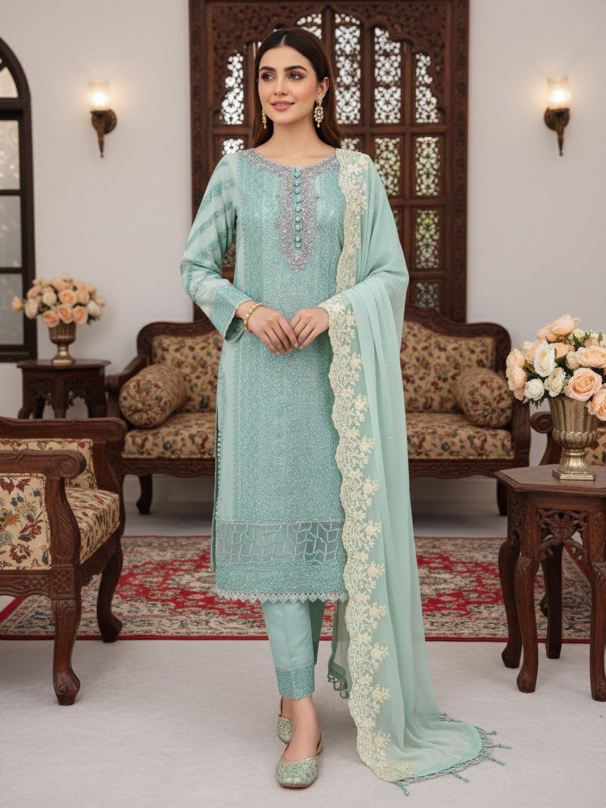 Mint Green Luxury Embroidered Chiffon Suit