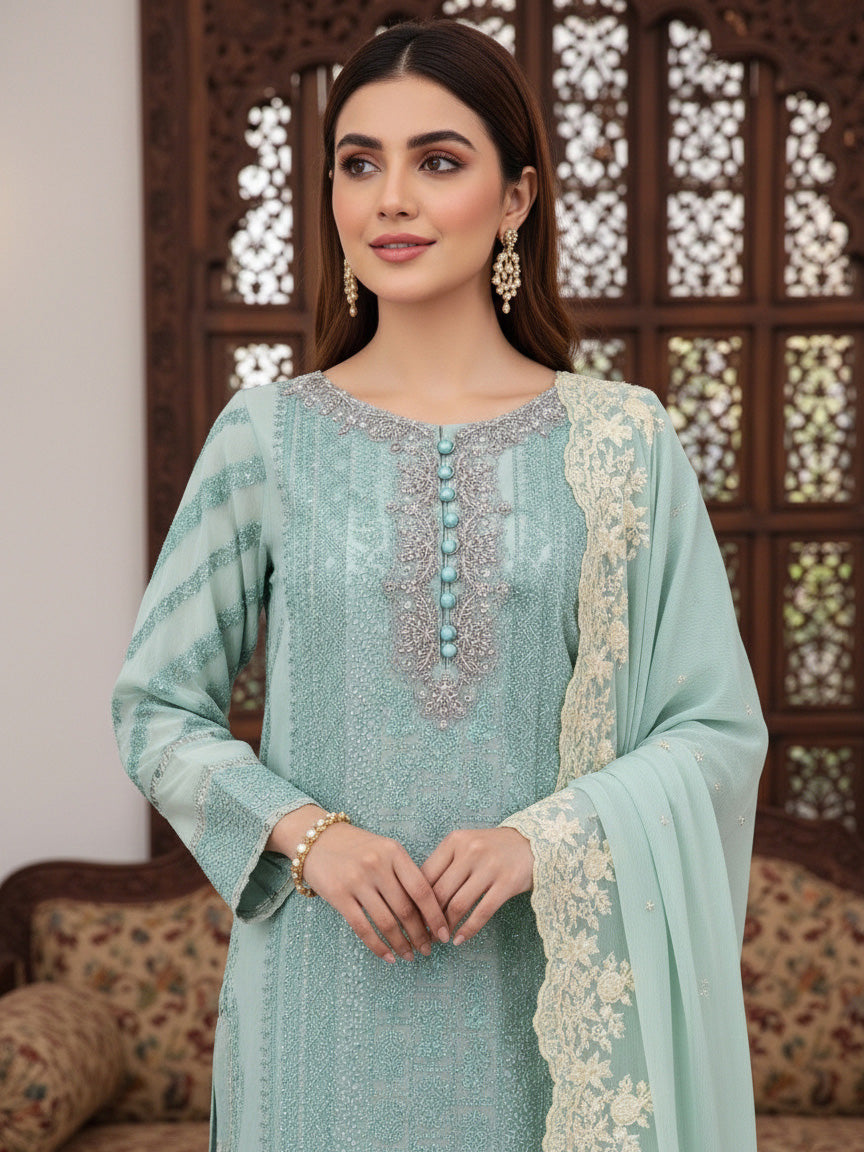 Mint Green Luxury Embroidered Chiffon Suit